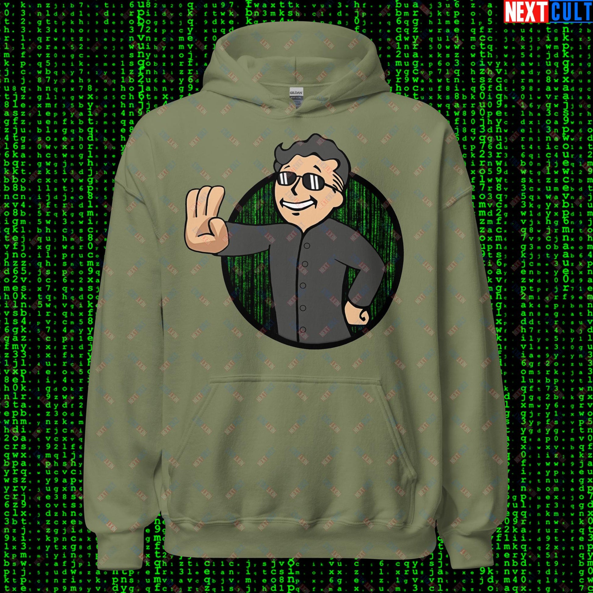 Matrix Vault Boy Fallout Funny Meme Cartoon Mashup Unisex Hoodie Military Green Hoodies Fallout Keanu Reeves Matrix Movies Vault Boy Next Cult Brand