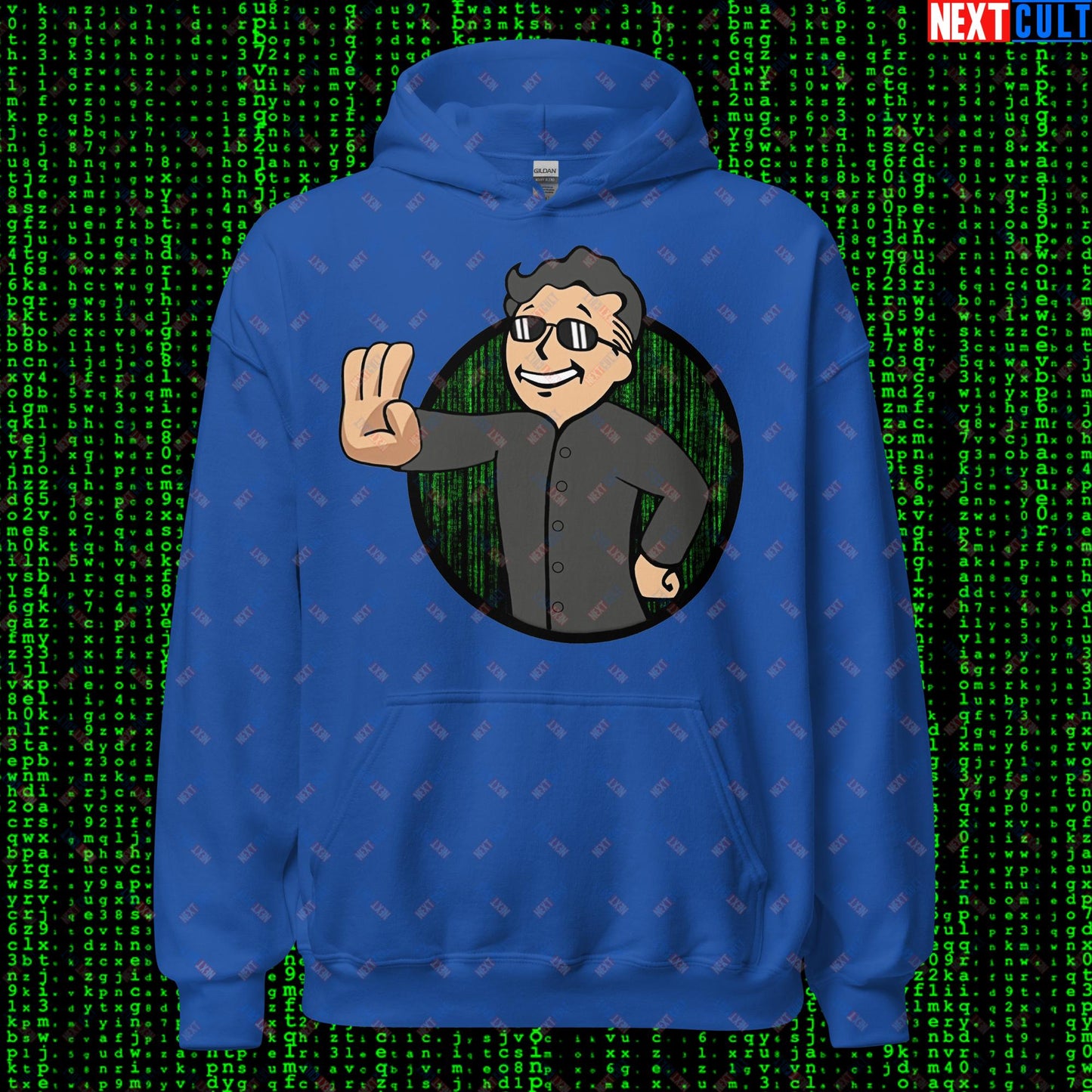 Matrix Vault Boy Fallout Funny Meme Cartoon Mashup Unisex Hoodie Royal Hoodies Fallout Keanu Reeves Matrix Movies Vault Boy Next Cult Brand