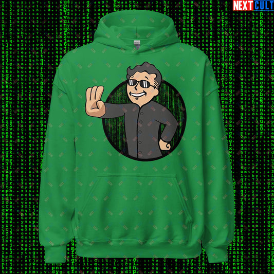 Matrix Vault Boy Fallout Funny Meme Cartoon Mashup Unisex Hoodie Irish Green Hoodies Fallout Keanu Reeves Matrix Movies Vault Boy Next Cult Brand