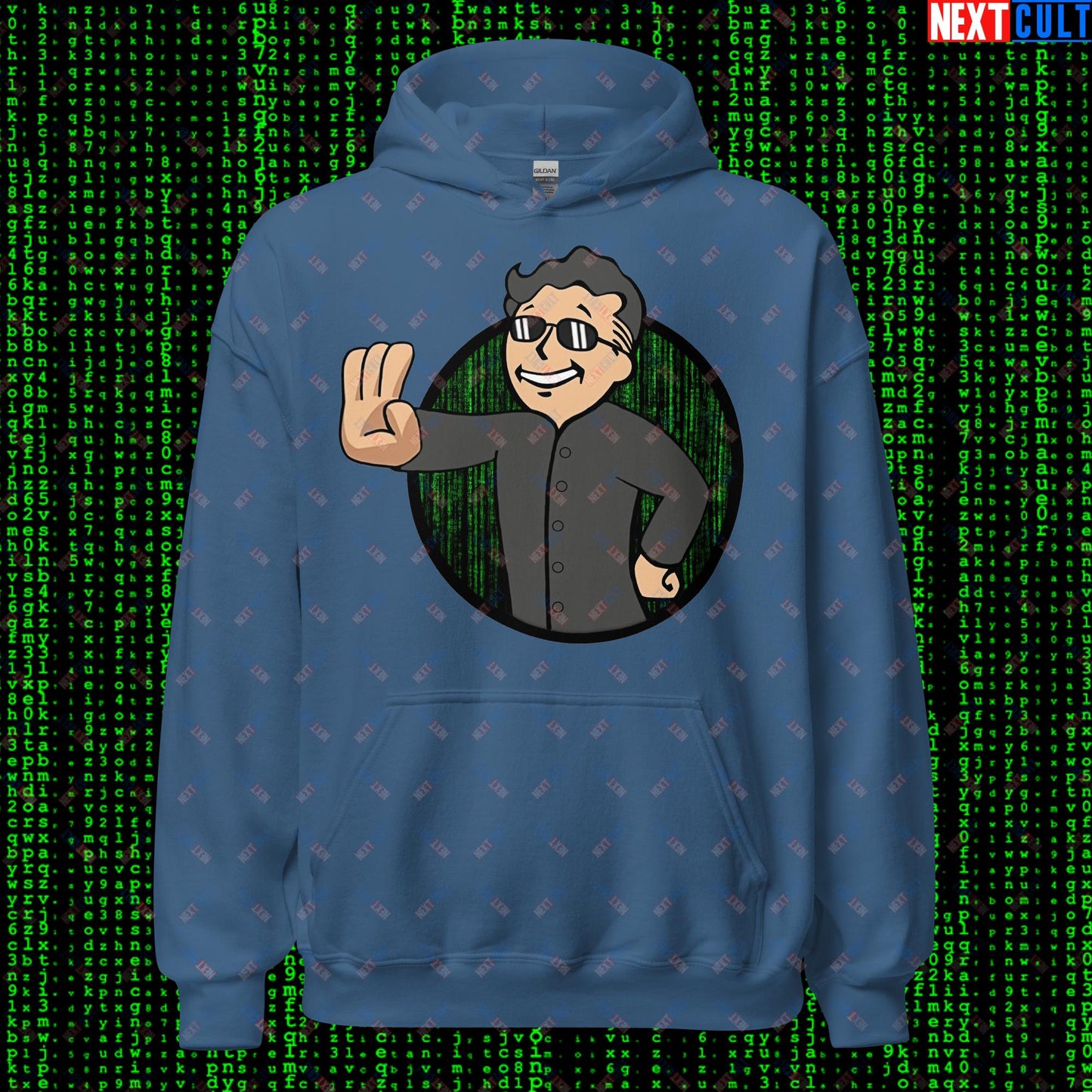 Matrix Vault Boy Fallout Funny Meme Cartoon Mashup Unisex Hoodie Indigo Blue Hoodies Fallout Keanu Reeves Matrix Movies Vault Boy Next Cult Brand