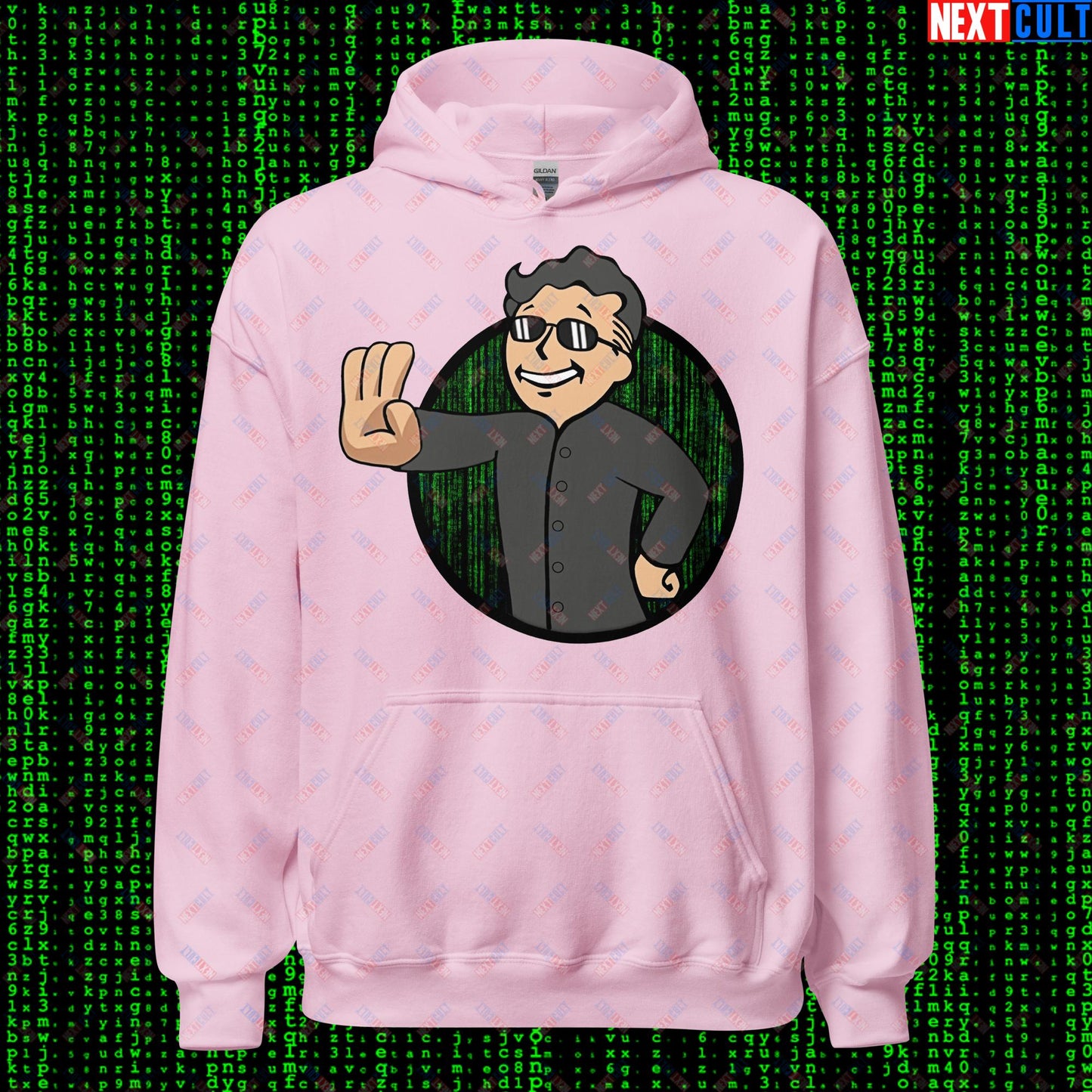 Matrix Vault Boy Fallout Funny Meme Cartoon Mashup Unisex Hoodie Light Pink Hoodies Fallout Keanu Reeves Matrix Movies Vault Boy Next Cult Brand