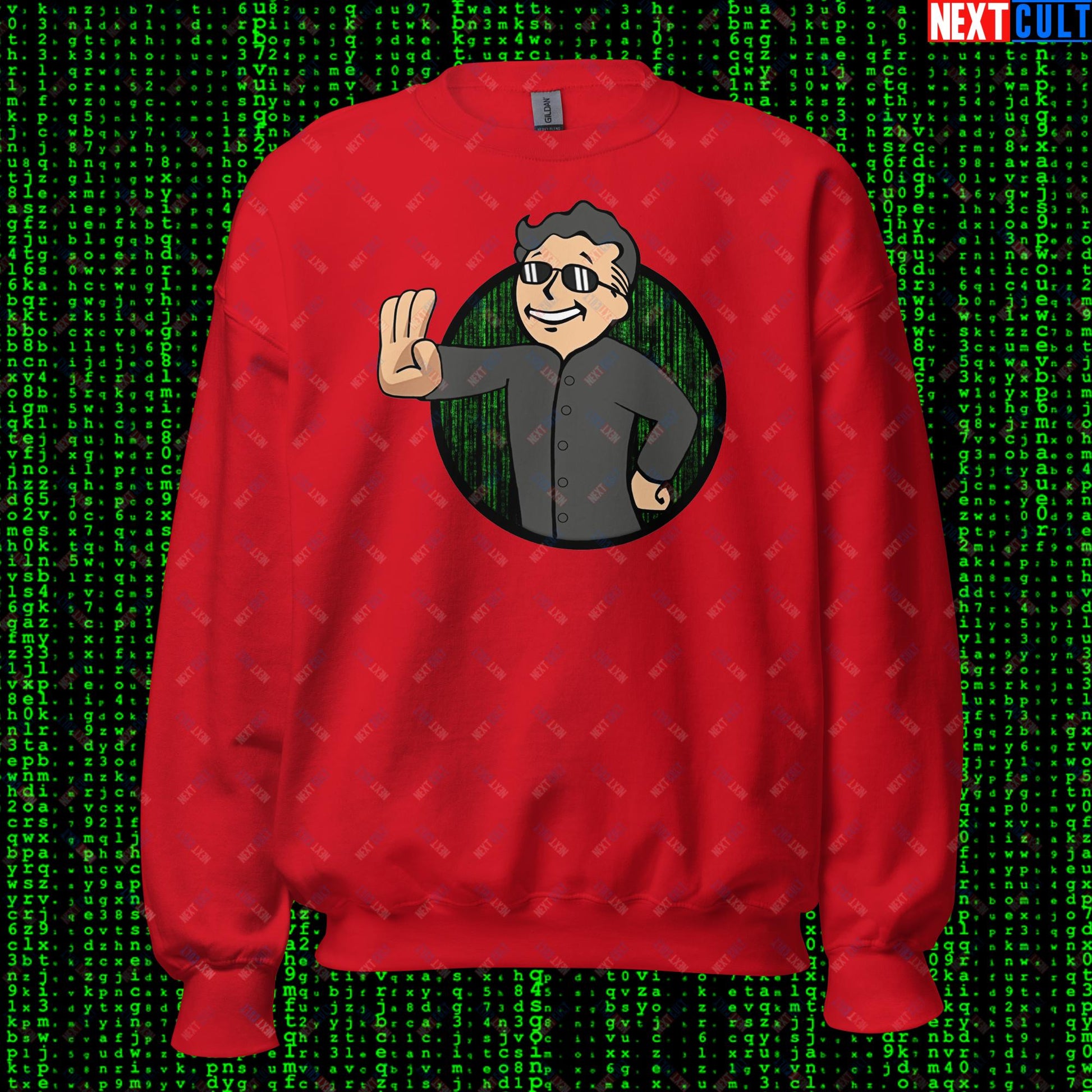 Matrix Vault Boy Fallout Funny Meme Cartoon Mashup Unisex Sweatshirt Red Sweatshirts Fallout Keanu Reeves Matrix Movies Vault Boy Next Cult Brand