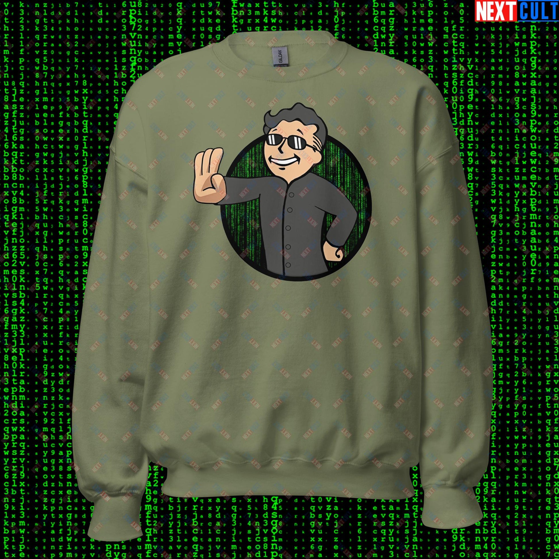 Matrix Vault Boy Fallout Funny Meme Cartoon Mashup Unisex Sweatshirt Military Green Sweatshirts Fallout Keanu Reeves Matrix Movies Vault Boy Next Cult Brand