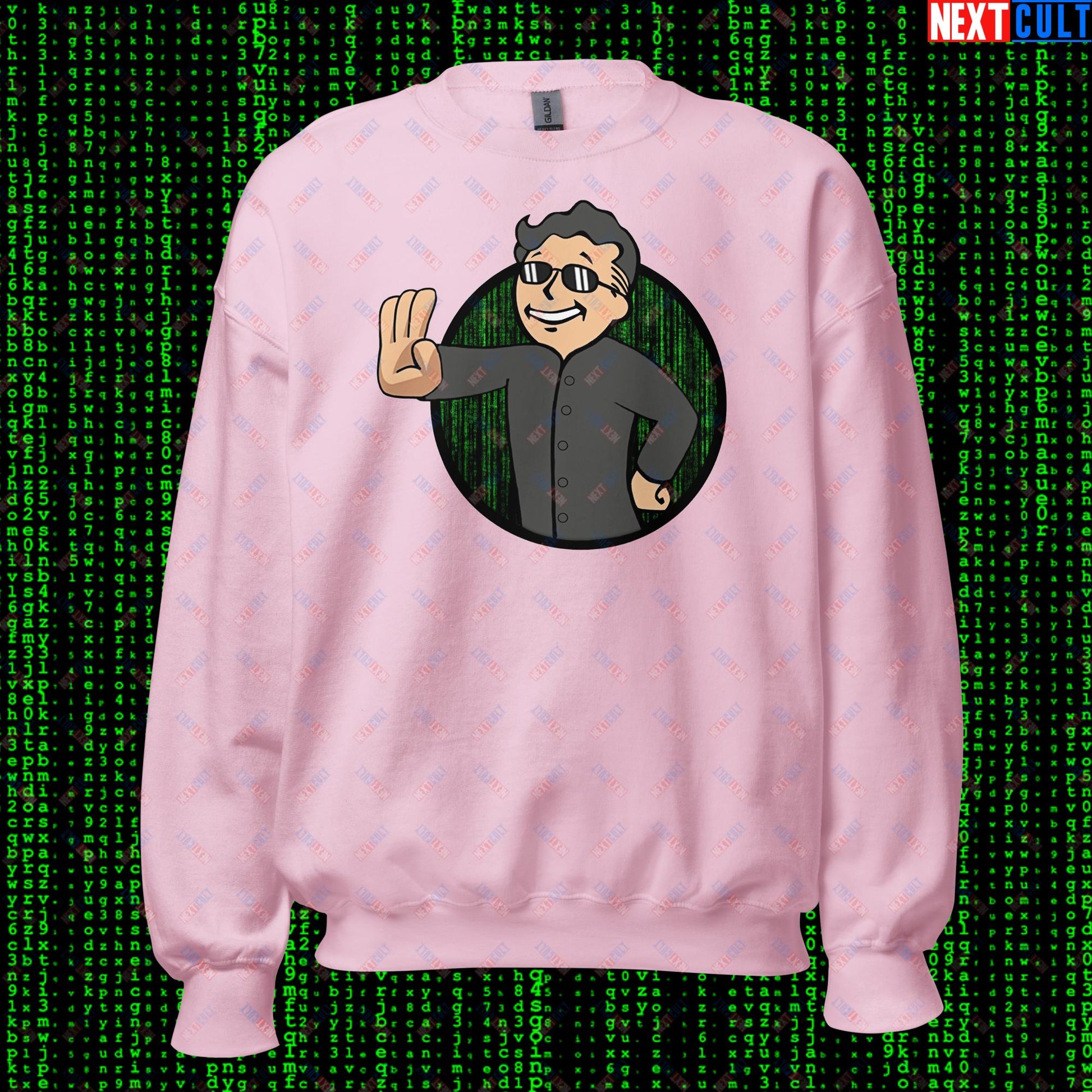 Matrix Vault Boy Fallout Funny Meme Cartoon Mashup Unisex Sweatshirt Light Pink Sweatshirts Fallout Keanu Reeves Matrix Movies Vault Boy Next Cult Brand