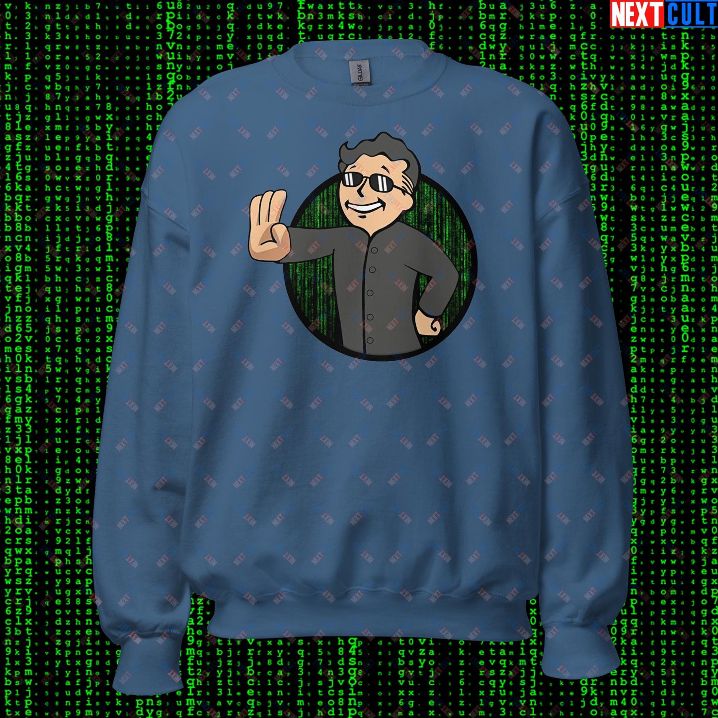 Matrix Vault Boy Fallout Funny Meme Cartoon Mashup Unisex Sweatshirt Indigo Blue Sweatshirts Fallout Keanu Reeves Matrix Movies Vault Boy Next Cult Brand