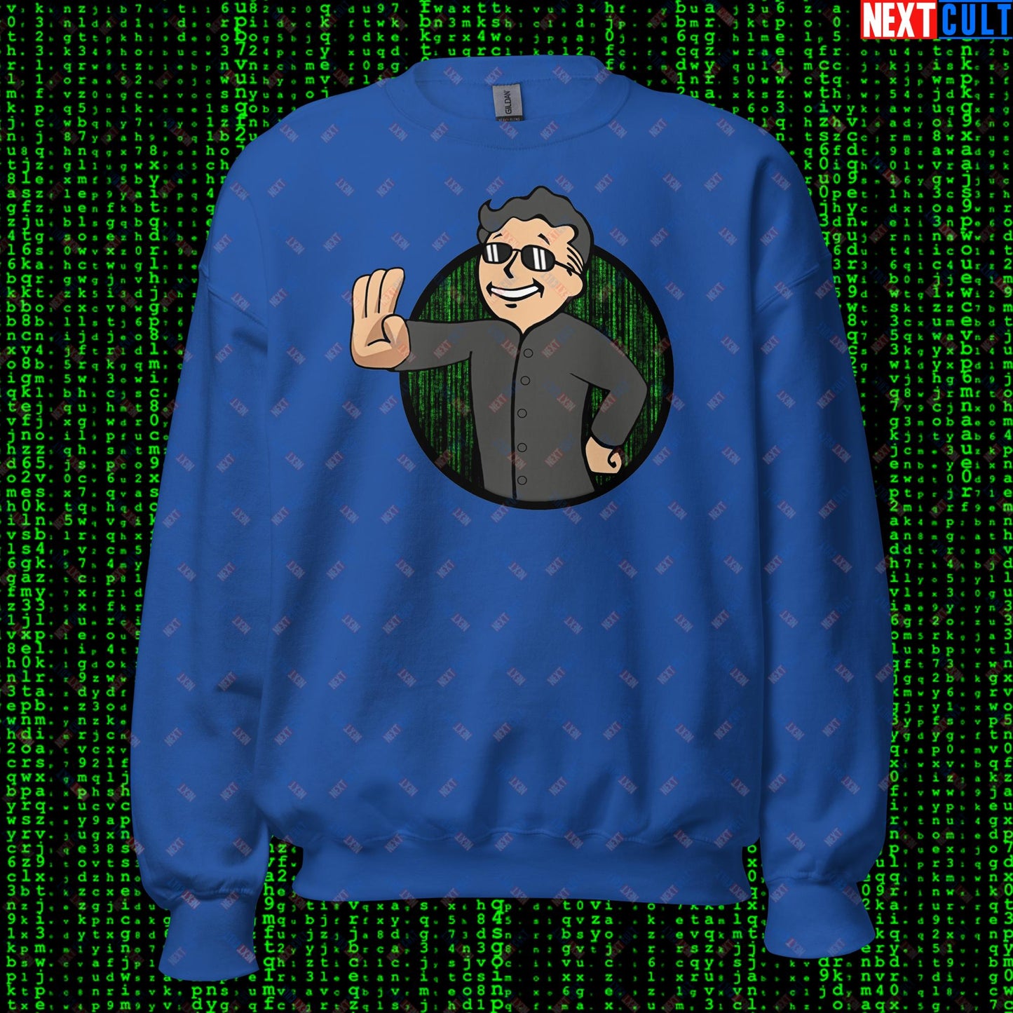 Matrix Vault Boy Fallout Funny Meme Cartoon Mashup Unisex Sweatshirt Royal Sweatshirts Fallout Keanu Reeves Matrix Movies Vault Boy Next Cult Brand