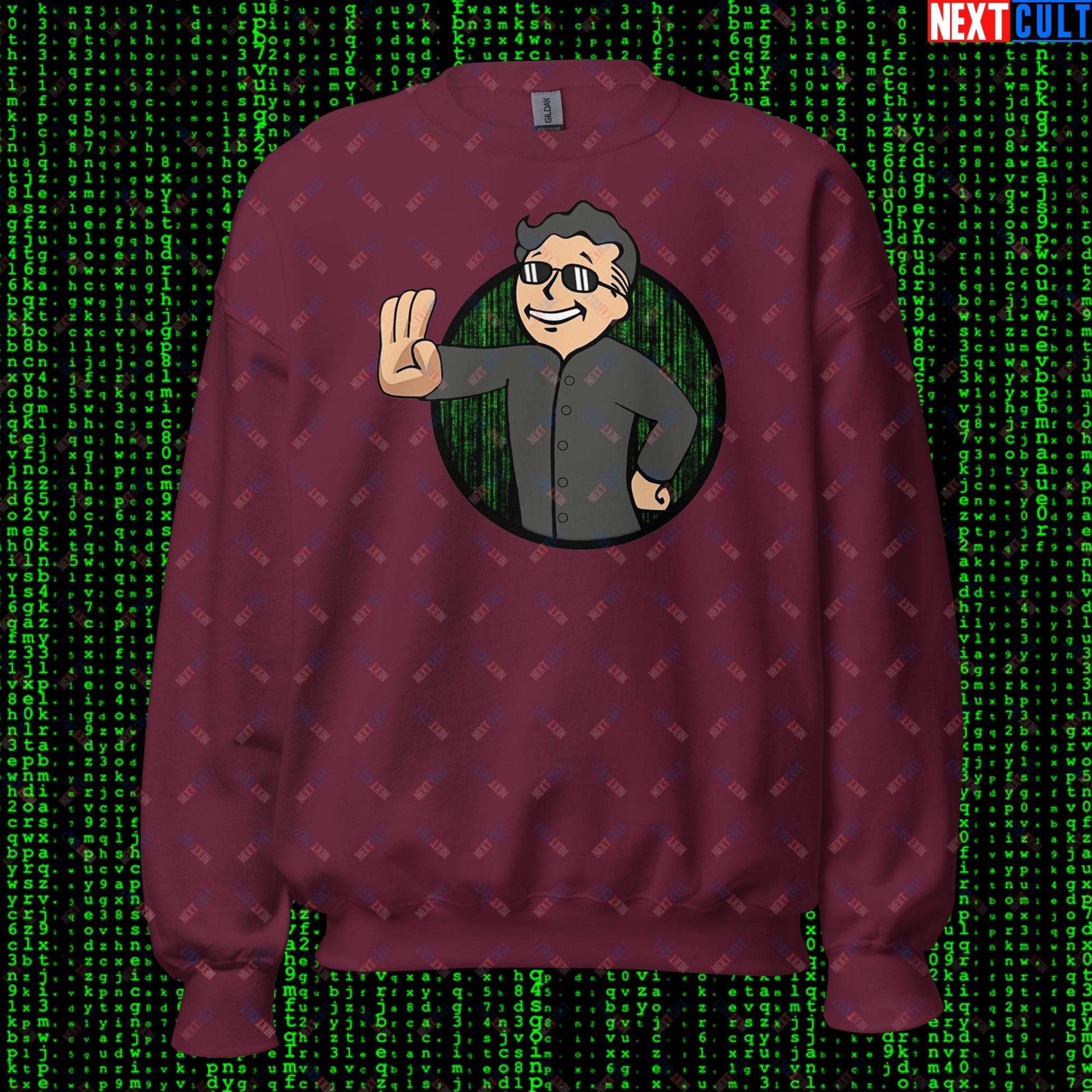 Matrix Vault Boy Fallout Funny Meme Cartoon Mashup Unisex Sweatshirt Maroon Sweatshirts Fallout Keanu Reeves Matrix Movies Vault Boy Next Cult Brand