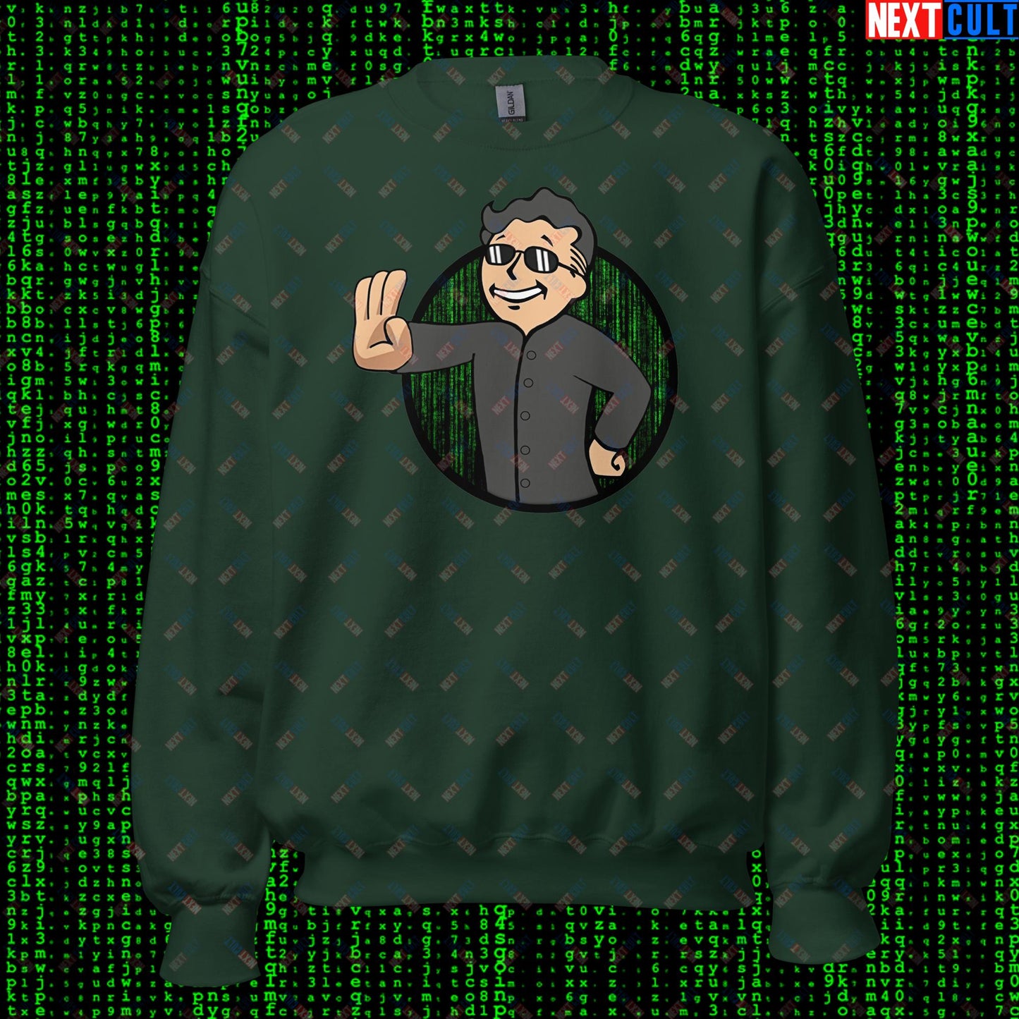 Matrix Vault Boy Fallout Funny Meme Cartoon Mashup Unisex Sweatshirt Forest Green Sweatshirts Fallout Keanu Reeves Matrix Movies Vault Boy Next Cult Brand