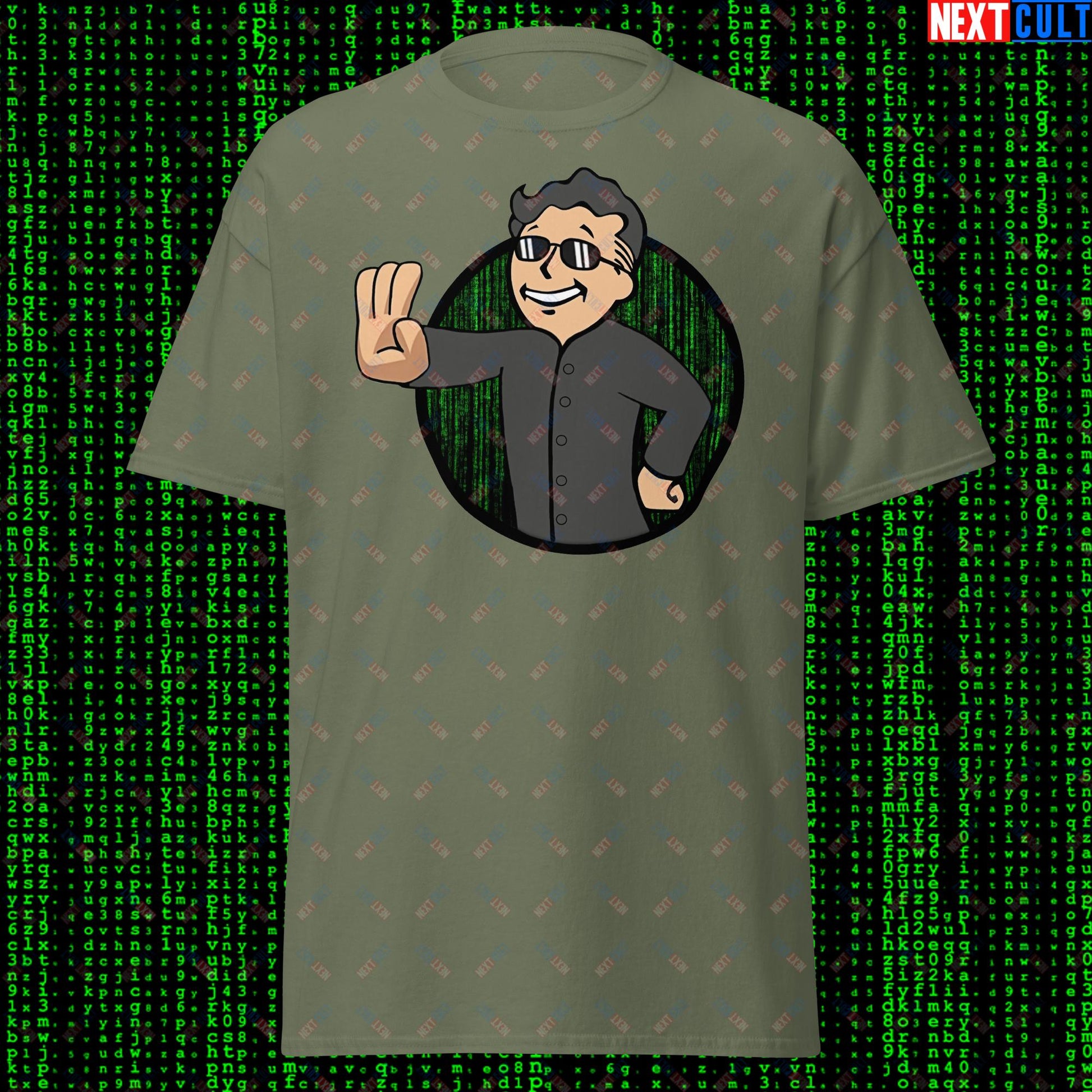 Matrix Vault Boy Fallout Funny Meme Cartoon Mashup Unisex tee Military Green T-shirts Fallout Keanu Reeves Matrix Movies Vault Boy Next Cult Brand