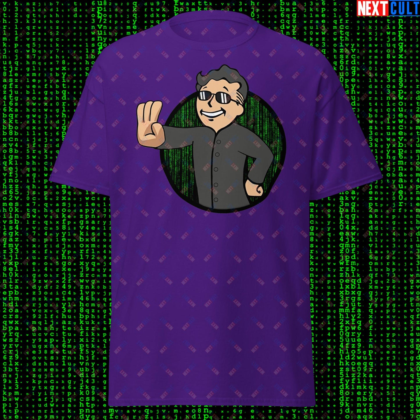 Matrix Vault Boy Fallout Funny Meme Cartoon Mashup Unisex tee Purple T-shirts Fallout Keanu Reeves Matrix Movies Vault Boy Next Cult Brand