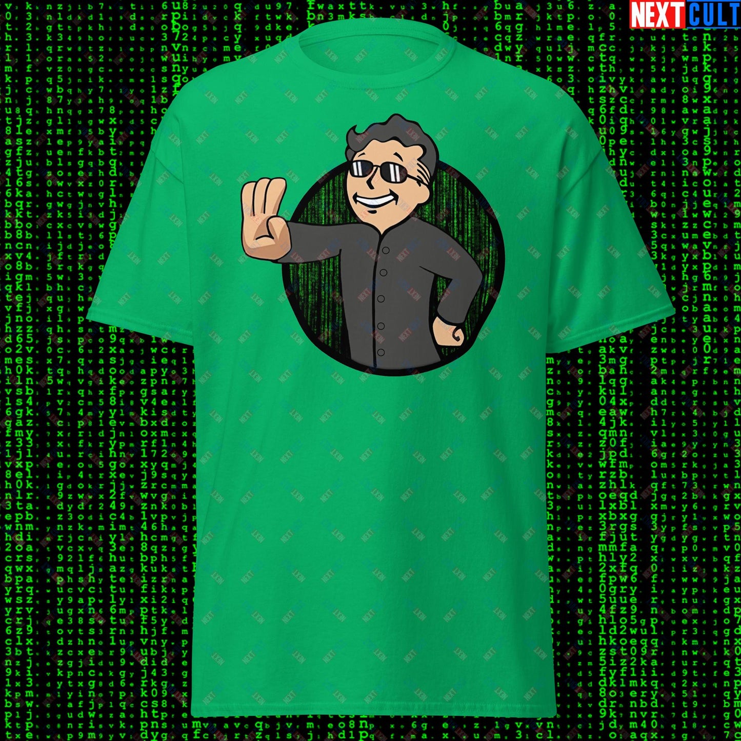 Matrix Vault Boy Fallout Funny Meme Cartoon Mashup Unisex tee Irish Green T-shirts Fallout Keanu Reeves Matrix Movies Vault Boy Next Cult Brand