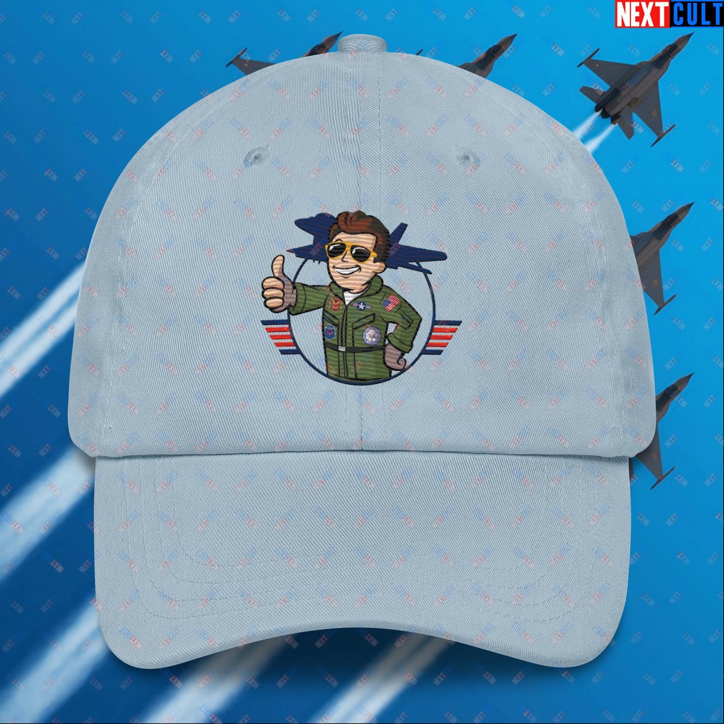 Maverick Boy Top Gun Vault Boy Fallout Funny Meme Cartoon Mashup Dad hat Light Blue Hats Fallout Movies Tom Cruise Top Gun Vault Boy Next Cult Brand