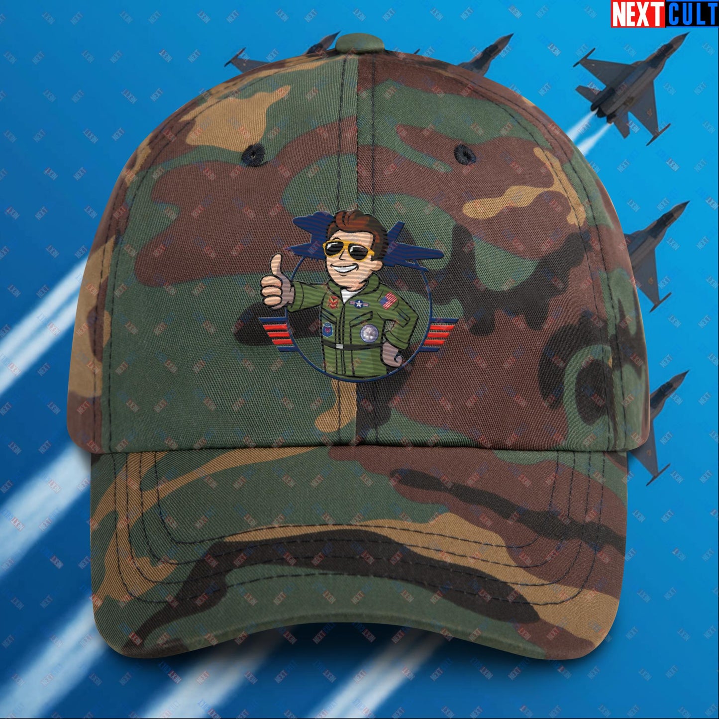 Maverick Boy Top Gun Vault Boy Fallout Funny Meme Cartoon Mashup Dad hat Green Camo Hats Fallout Movies Tom Cruise Top Gun Vault Boy Next Cult Brand