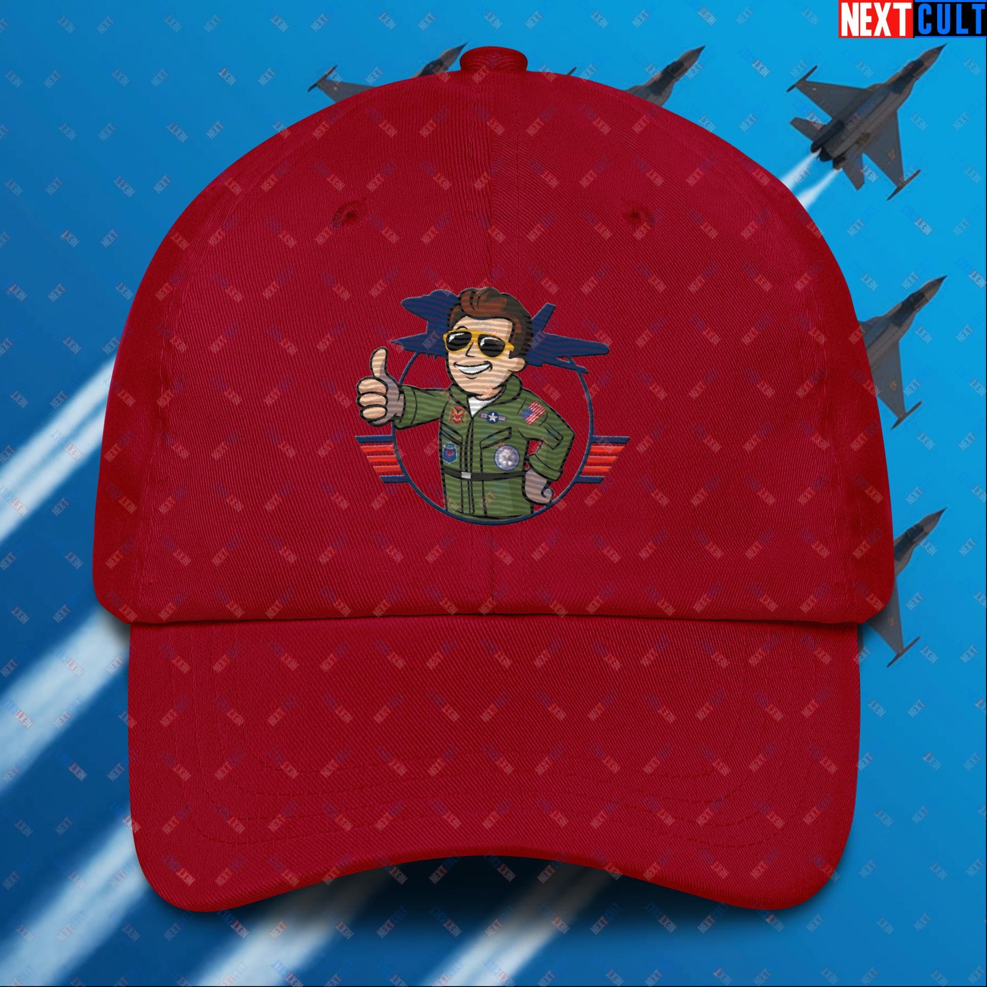 Maverick Boy Top Gun Vault Boy Fallout Funny Meme Cartoon Mashup Dad hat Cranberry Hats Fallout Movies Tom Cruise Top Gun Vault Boy Next Cult Brand