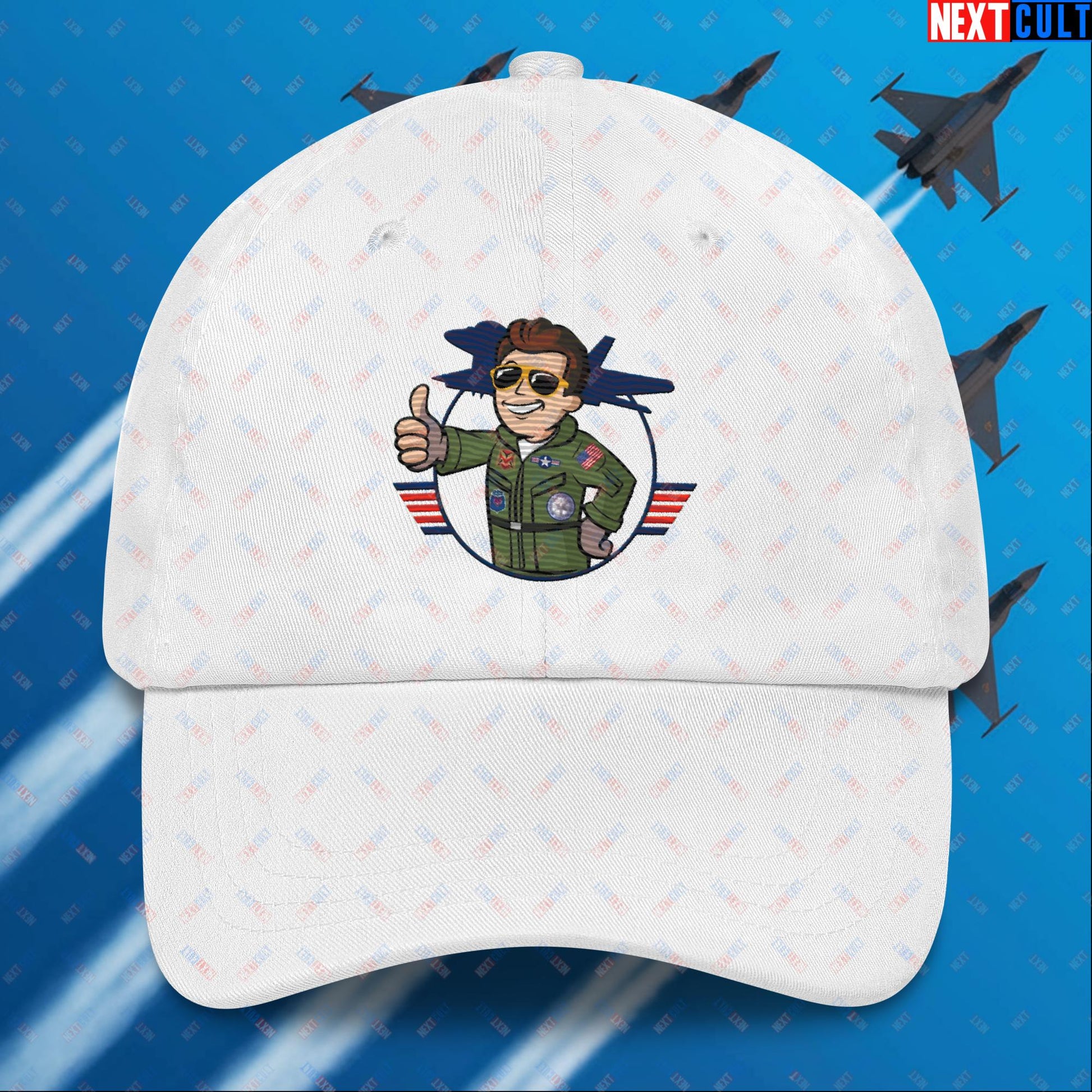 Maverick Boy Top Gun Vault Boy Fallout Funny Meme Cartoon Mashup Dad hat White Hats Fallout Movies Tom Cruise Top Gun Vault Boy Next Cult Brand