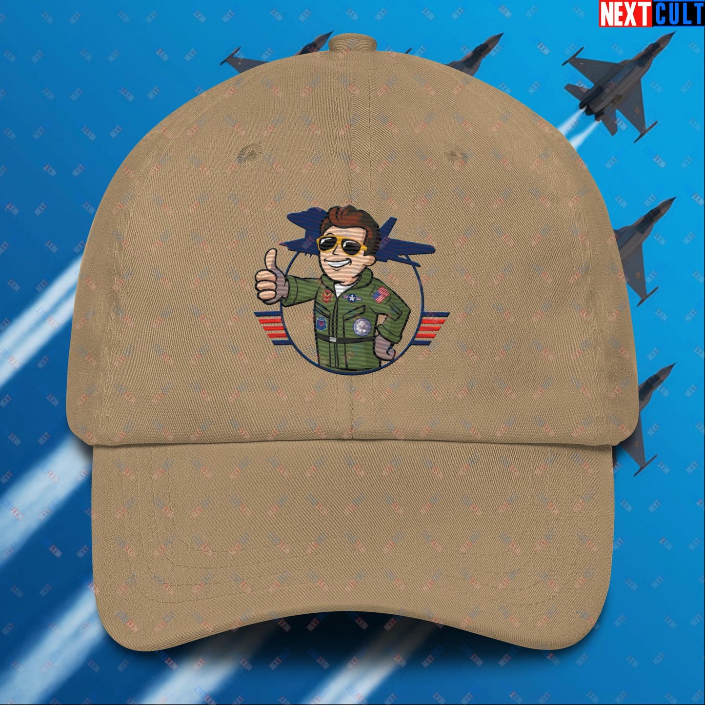 Maverick Boy Top Gun Vault Boy Fallout Funny Meme Cartoon Mashup Dad hat Khaki Hats Fallout Movies Tom Cruise Top Gun Vault Boy Next Cult Brand