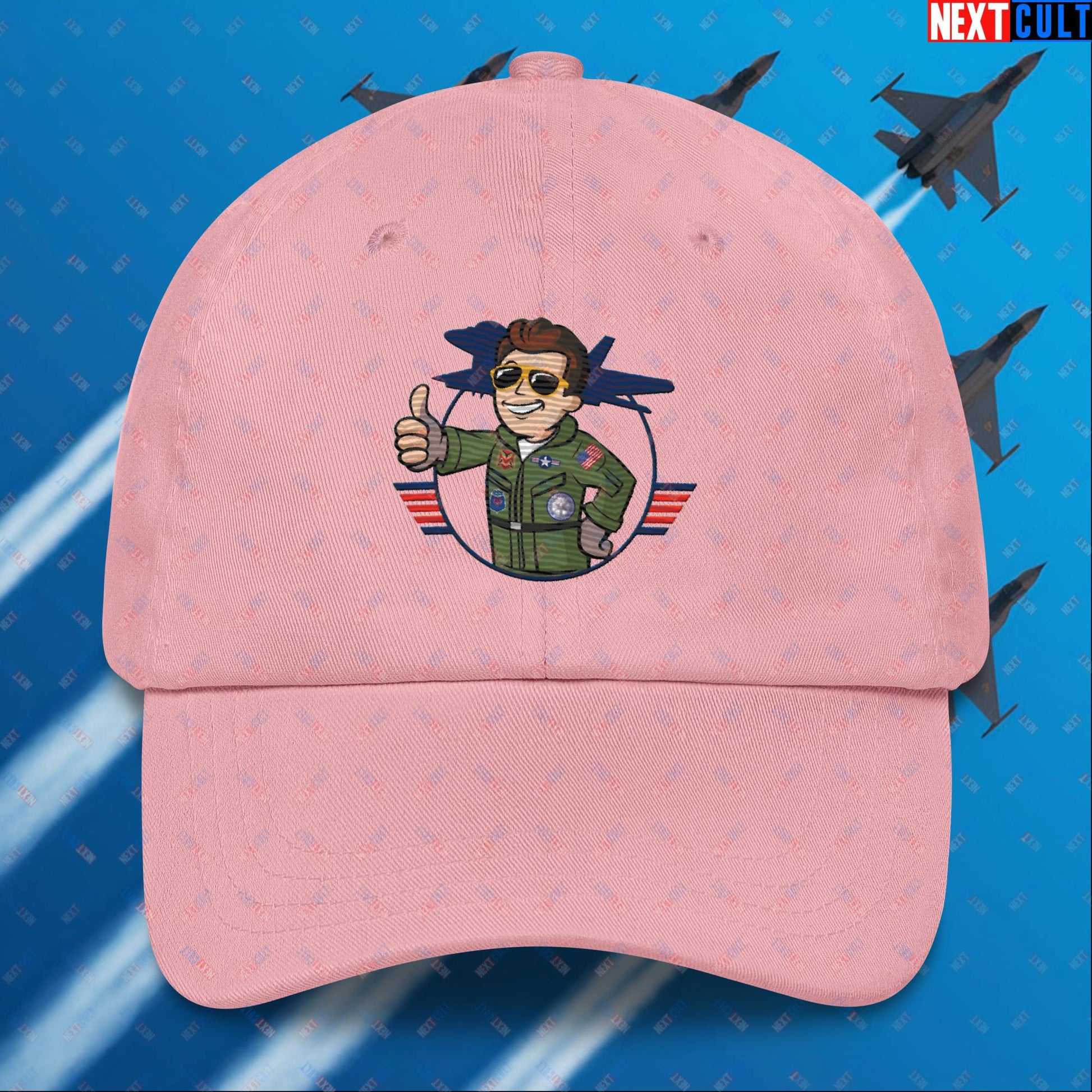 Maverick Boy Top Gun Vault Boy Fallout Funny Meme Cartoon Mashup Dad hat Pink Hats Fallout Movies Tom Cruise Top Gun Vault Boy Next Cult Brand