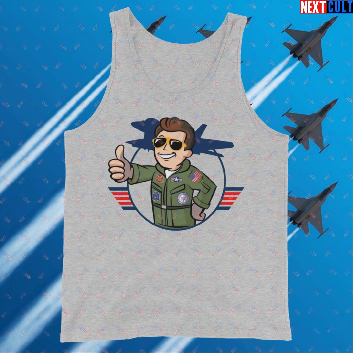 Maverick Boy Top Gun Vault Boy Fallout Funny Meme Cartoon Mashup Tank Top Athletic Heather Tank Tops Fallout Movies Tom Cruise Top Gun Vault Boy Next Cult Brand