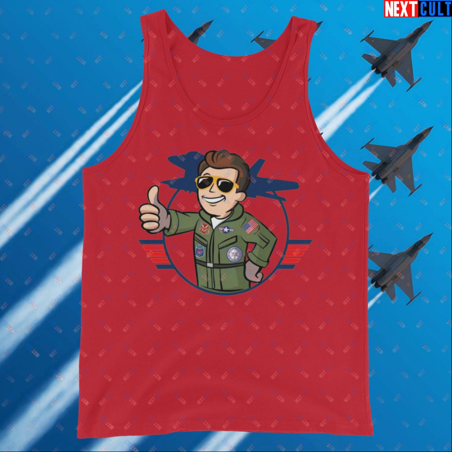 Maverick Boy Top Gun Vault Boy Fallout Funny Meme Cartoon Mashup Tank Top Red Tank Tops Fallout Movies Tom Cruise Top Gun Vault Boy Next Cult Brand