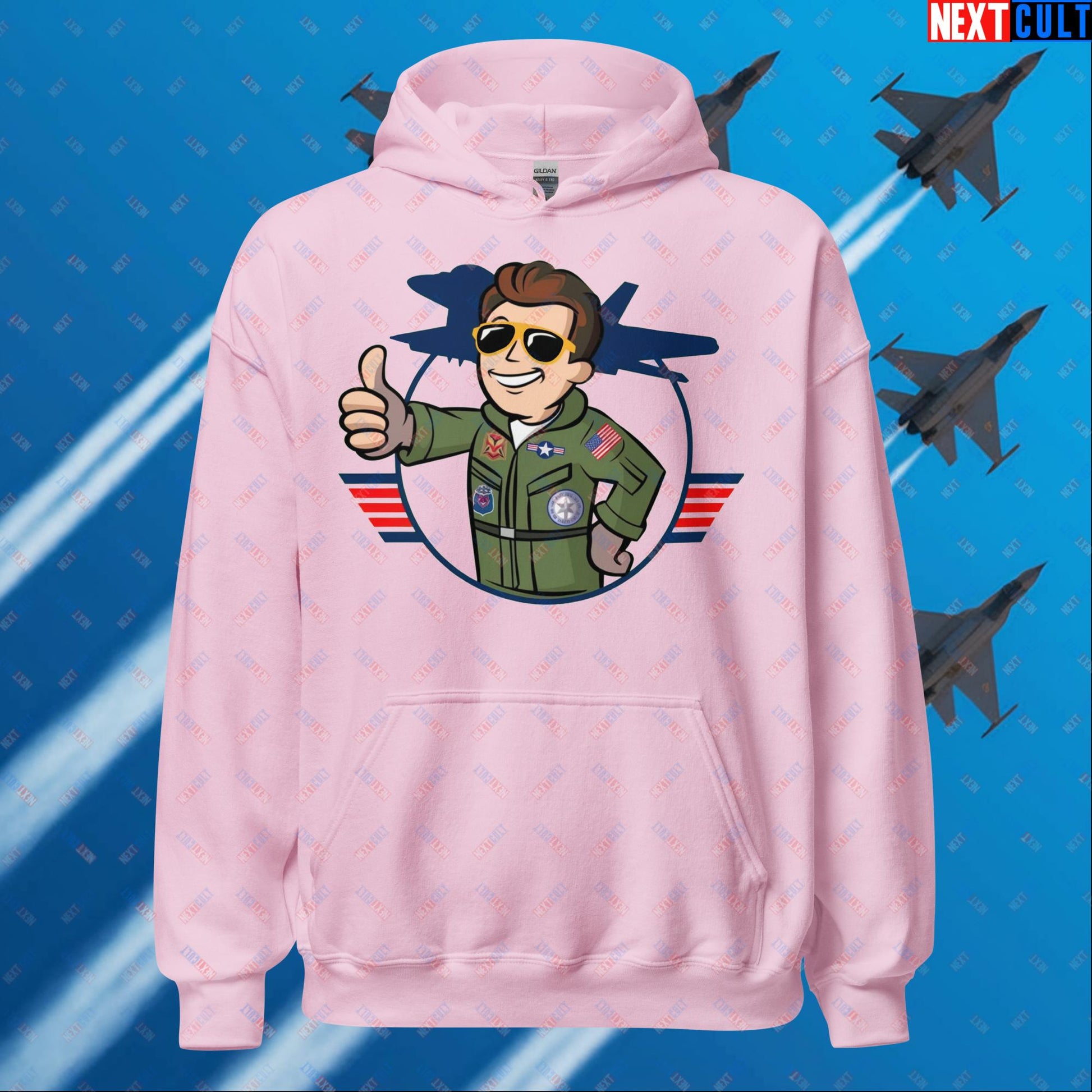 Maverick Boy Top Gun Vault Boy Fallout Funny Meme Cartoon Mashup Unisex Hoodie Light Pink Hoodies Fallout Movies Tom Cruise Top Gun Vault Boy Next Cult Brand