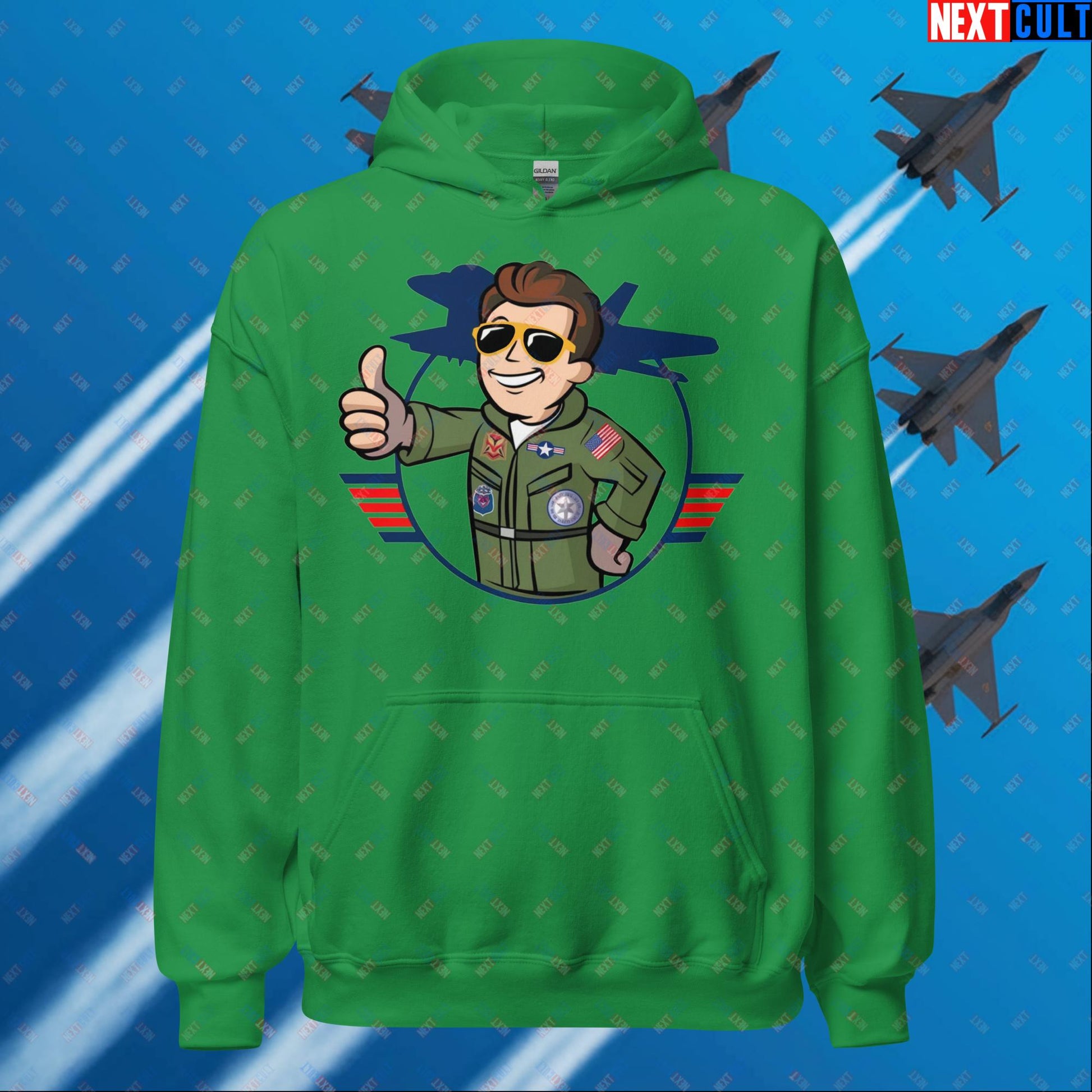 Maverick Boy Top Gun Vault Boy Fallout Funny Meme Cartoon Mashup Unisex Hoodie Irish Green Hoodies Fallout Movies Tom Cruise Top Gun Vault Boy Next Cult Brand