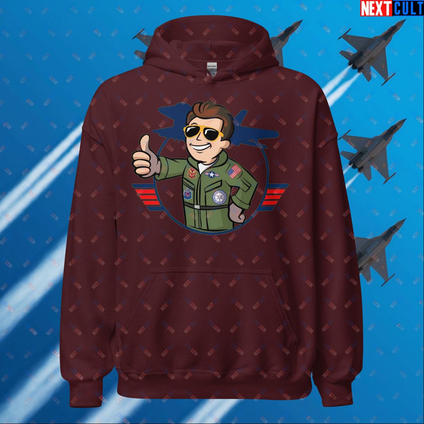 Maverick Boy Top Gun Vault Boy Fallout Funny Meme Cartoon Mashup Unisex Hoodie Maroon Hoodies Fallout Movies Tom Cruise Top Gun Vault Boy Next Cult Brand