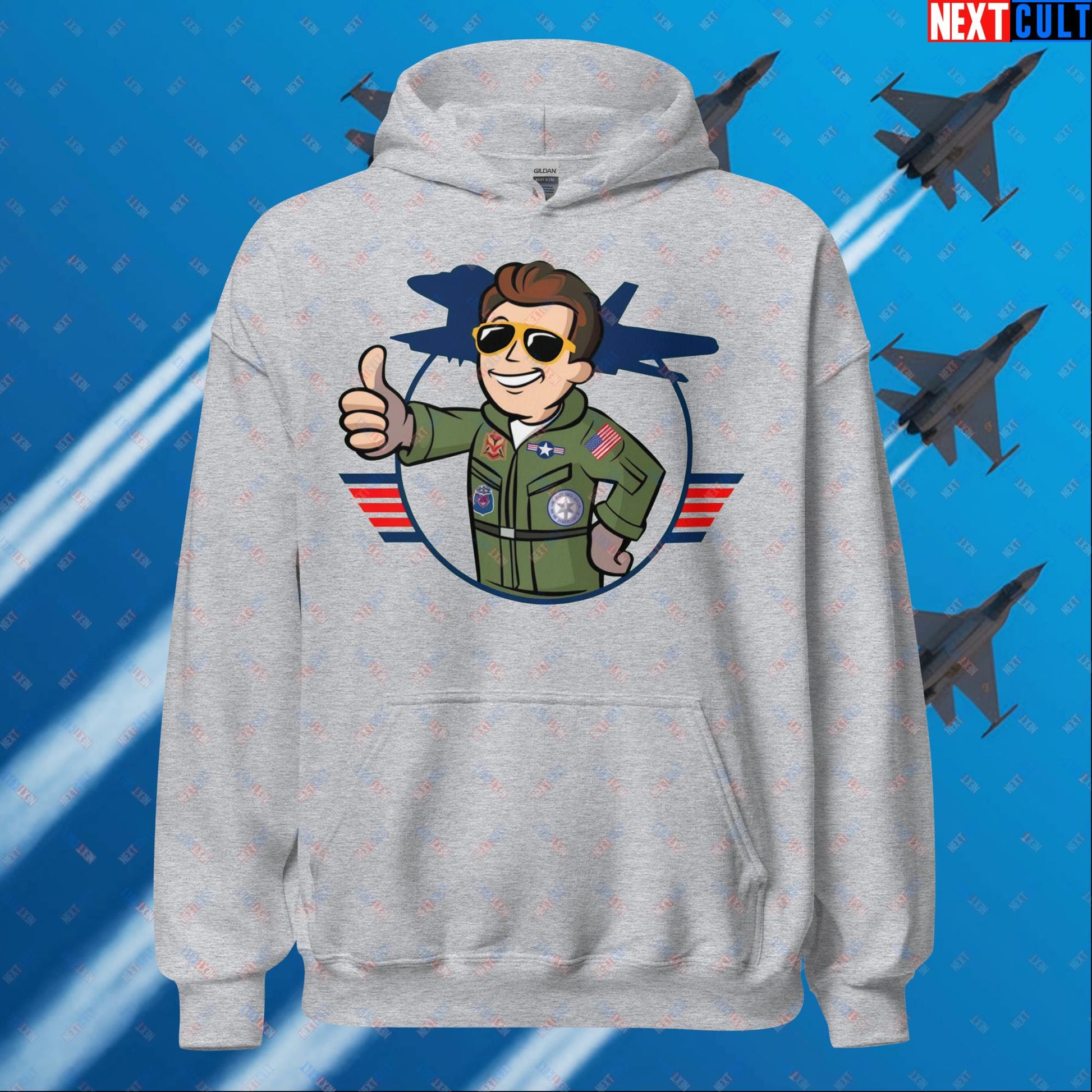 Maverick Boy Top Gun Vault Boy Fallout Funny Meme Cartoon Mashup Unisex Hoodie Sport Grey Hoodies Fallout Movies Tom Cruise Top Gun Vault Boy Next Cult Brand