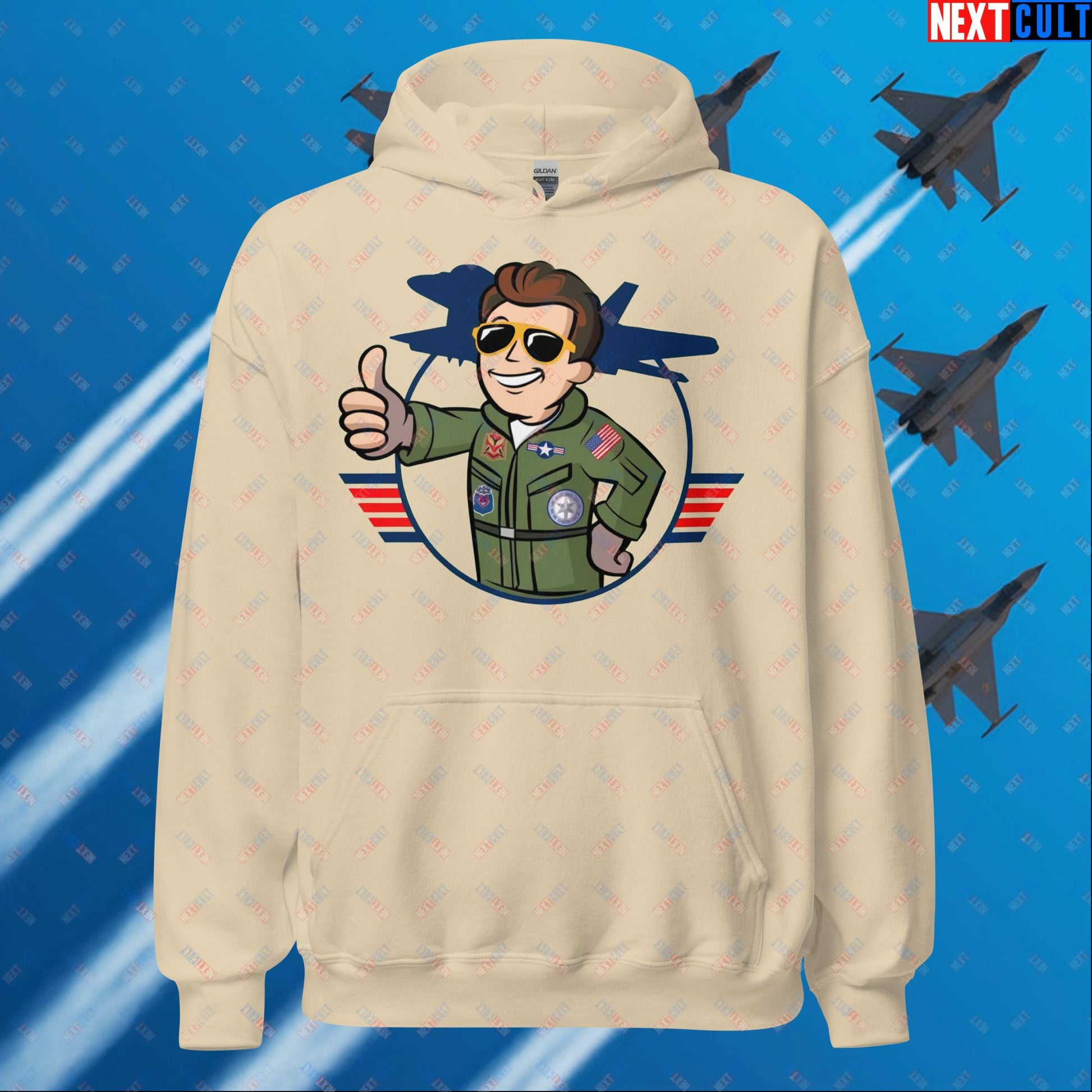 Maverick Boy Top Gun Vault Boy Fallout Funny Meme Cartoon Mashup Unisex Hoodie Sand Hoodies Fallout Movies Tom Cruise Top Gun Vault Boy Next Cult Brand