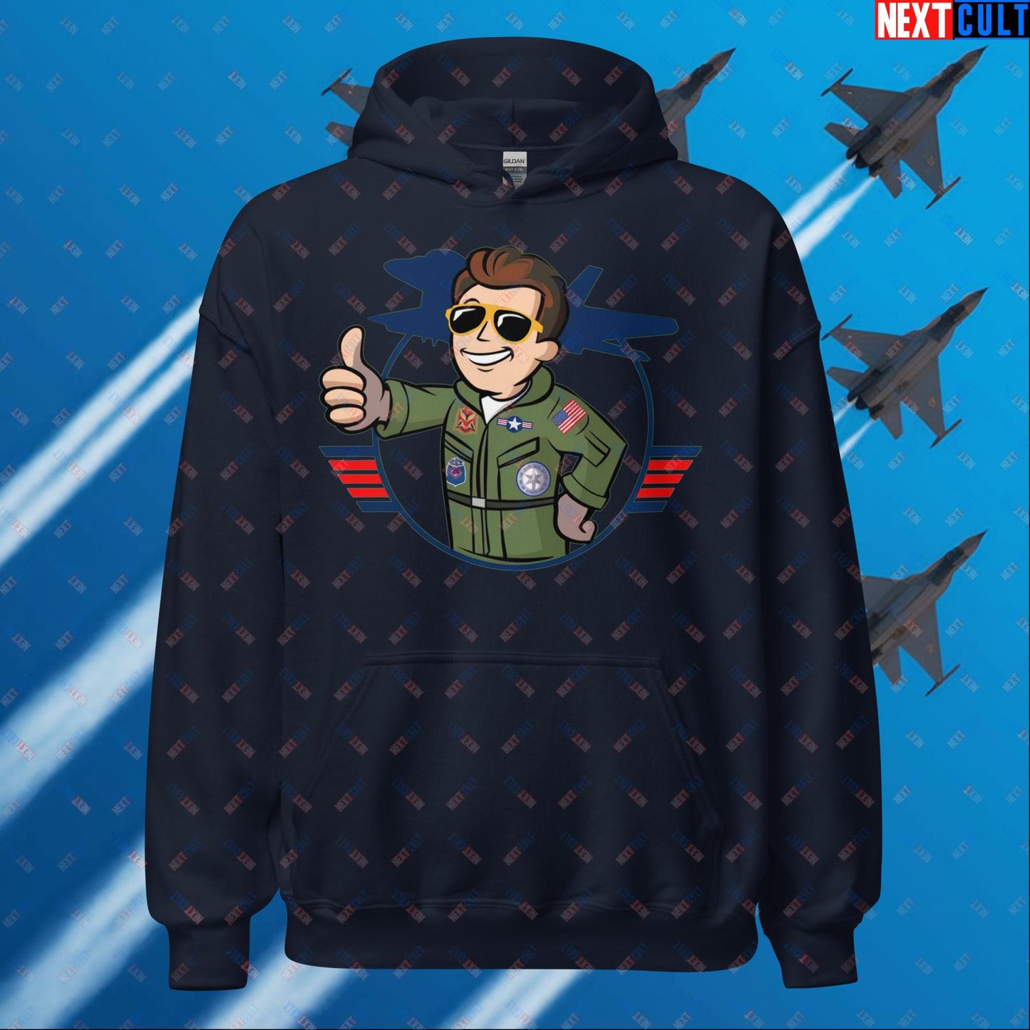 Maverick Boy Top Gun Vault Boy Fallout Funny Meme Cartoon Mashup Unisex Hoodie Navy Hoodies Fallout Movies Tom Cruise Top Gun Vault Boy Next Cult Brand