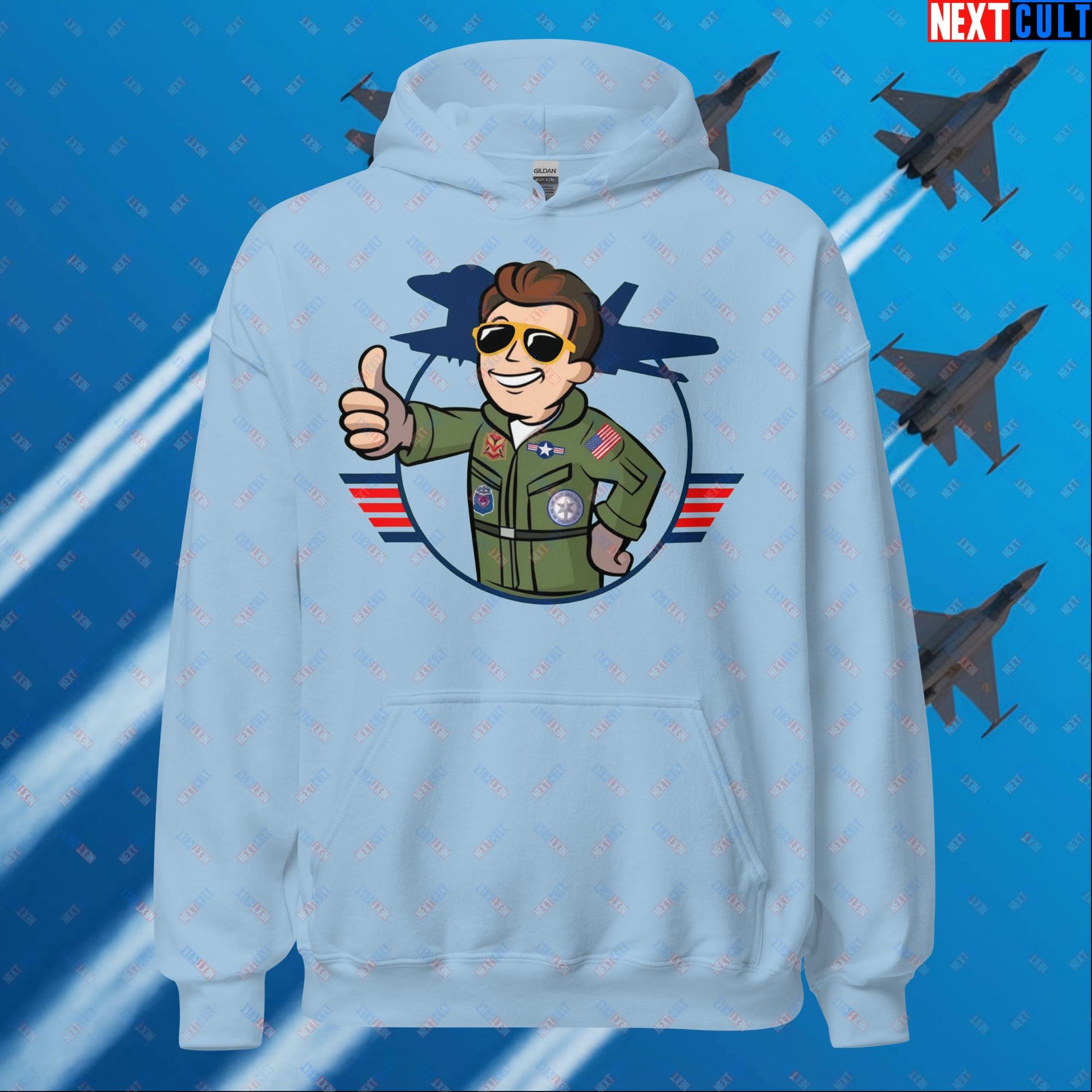 Maverick Boy Top Gun Vault Boy Fallout Funny Meme Cartoon Mashup Unisex Hoodie Light Blue Hoodies Fallout Movies Tom Cruise Top Gun Vault Boy Next Cult Brand