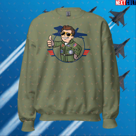 Maverick Boy Top Gun Vault Boy Fallout Funny Meme Cartoon Mashup Unisex Sweatshirt Military Green Sweatshirts Fallout Movies Tom Cruise Top Gun Vault Boy Next Cult Brand