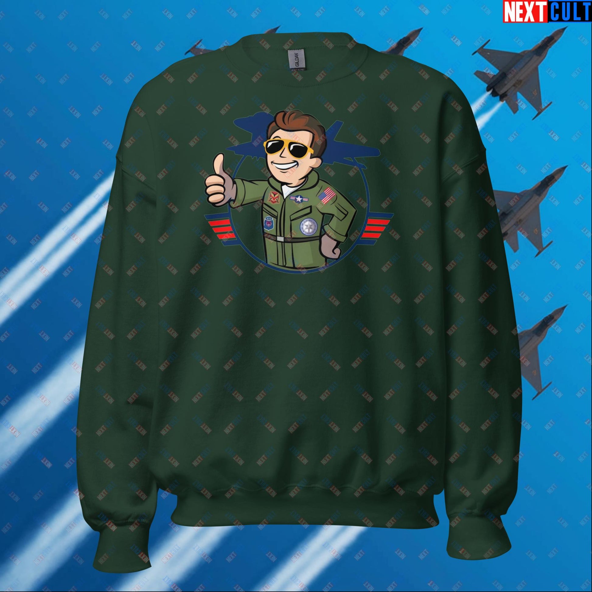 Maverick Boy Top Gun Vault Boy Fallout Funny Meme Cartoon Mashup Unisex Sweatshirt Forest Green Sweatshirts Fallout Movies Tom Cruise Top Gun Vault Boy Next Cult Brand