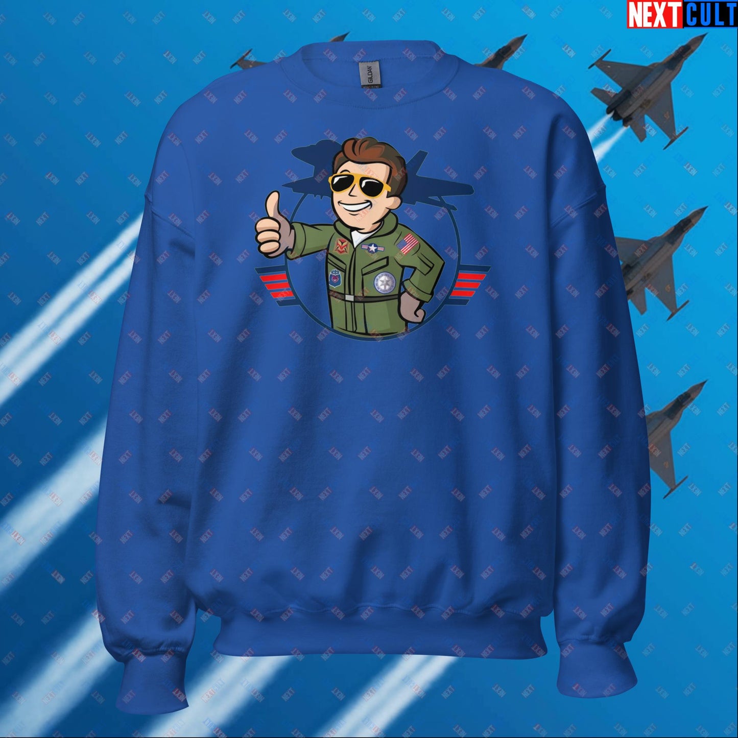 Maverick Boy Top Gun Vault Boy Fallout Funny Meme Cartoon Mashup Unisex Sweatshirt Royal Sweatshirts Fallout Movies Tom Cruise Top Gun Vault Boy Next Cult Brand