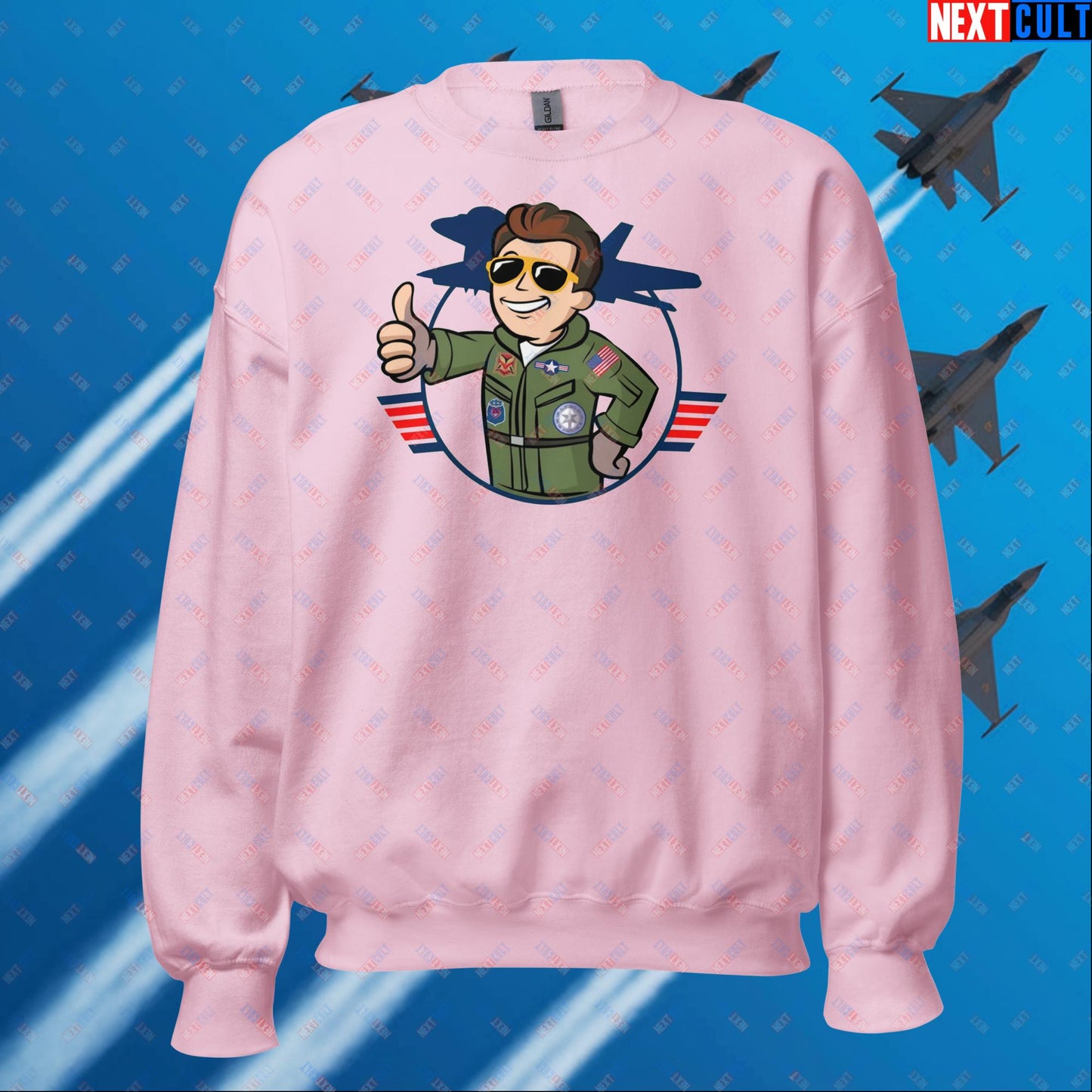 Maverick Boy Top Gun Vault Boy Fallout Funny Meme Cartoon Mashup Unisex Sweatshirt Light Pink Sweatshirts Fallout Movies Tom Cruise Top Gun Vault Boy Next Cult Brand