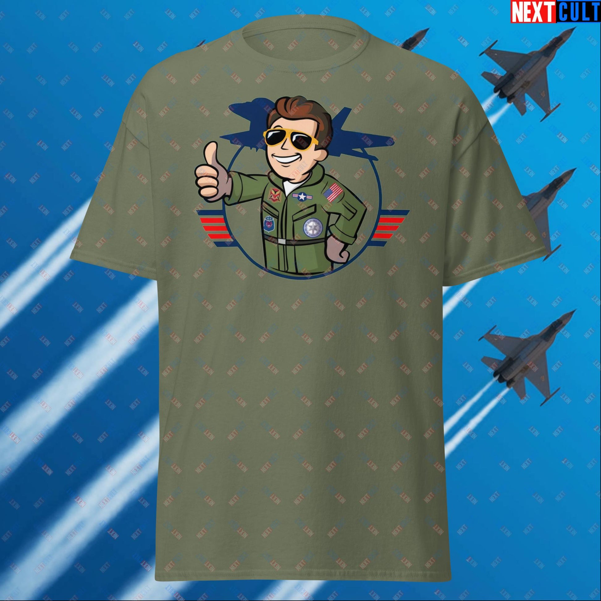 Maverick Boy Top Gun Vault Boy Fallout Funny Meme Cartoon Mashup Unisex tee Military Green T-shirts Fallout Movies Tom Cruise Top Gun Vault Boy Next Cult Brand