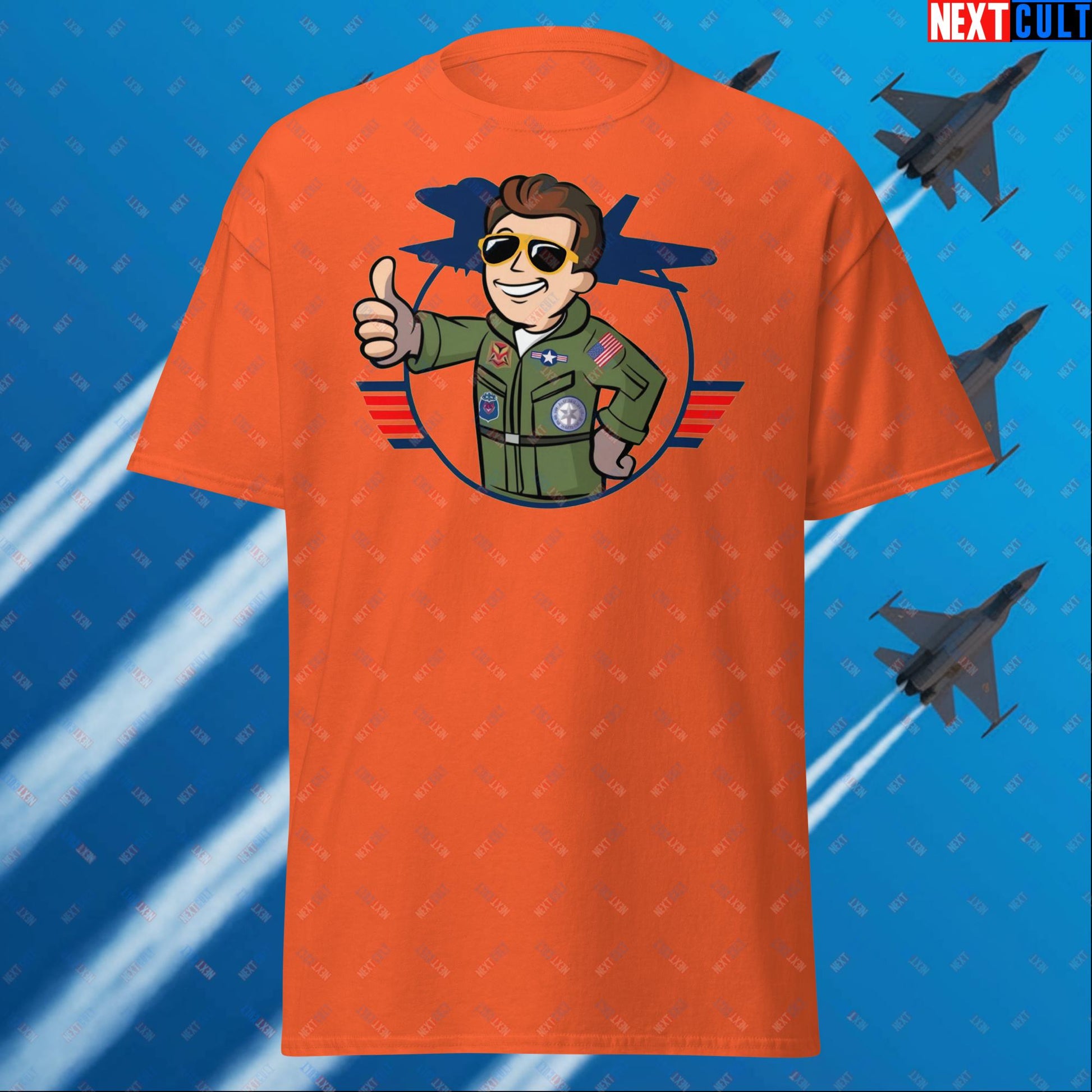 Maverick Boy Top Gun Vault Boy Fallout Funny Meme Cartoon Mashup Unisex tee Orange T-shirts Fallout Movies Tom Cruise Top Gun Vault Boy Next Cult Brand