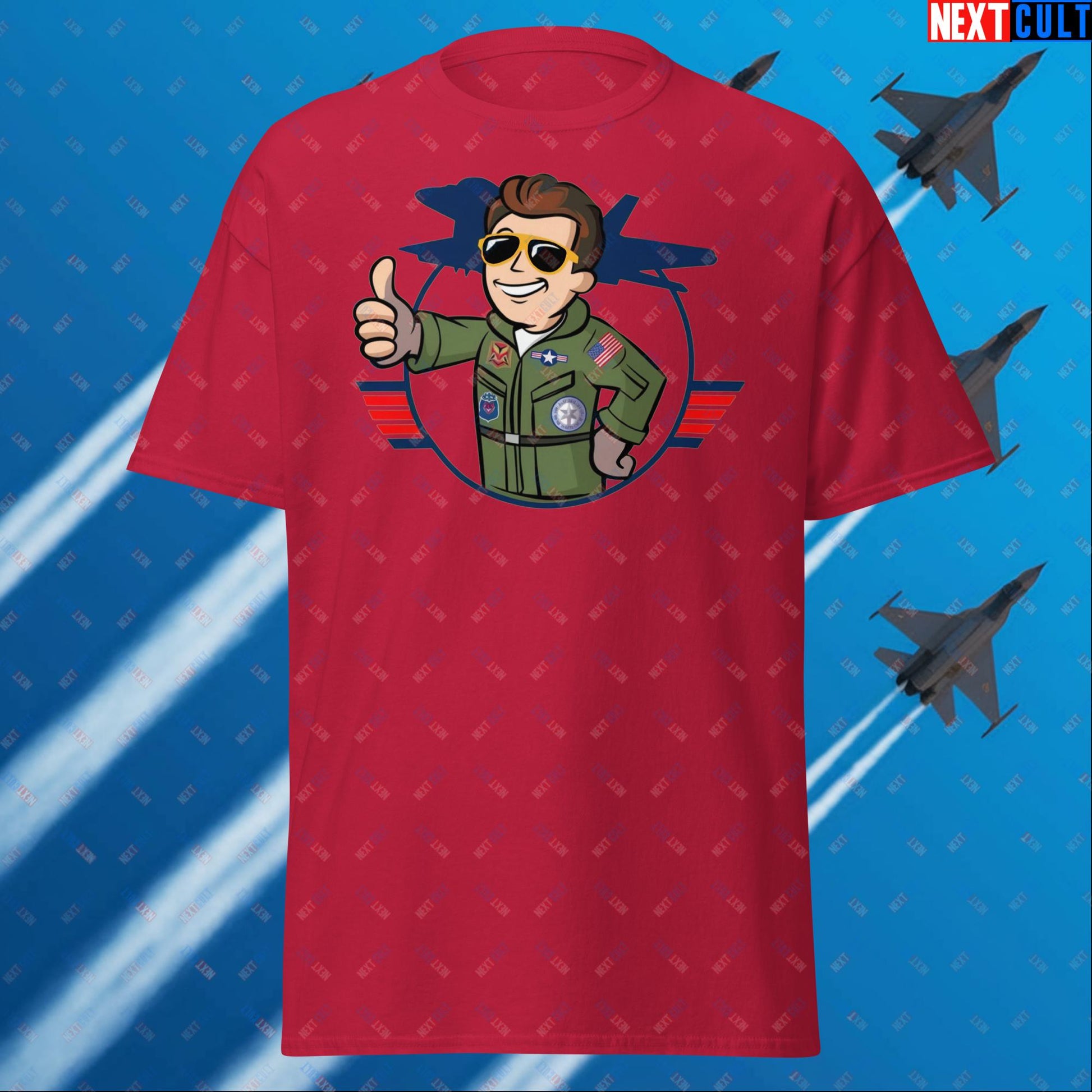 Maverick Boy Top Gun Vault Boy Fallout Funny Meme Cartoon Mashup Unisex tee Cardinal T-shirts Fallout Movies Tom Cruise Top Gun Vault Boy Next Cult Brand