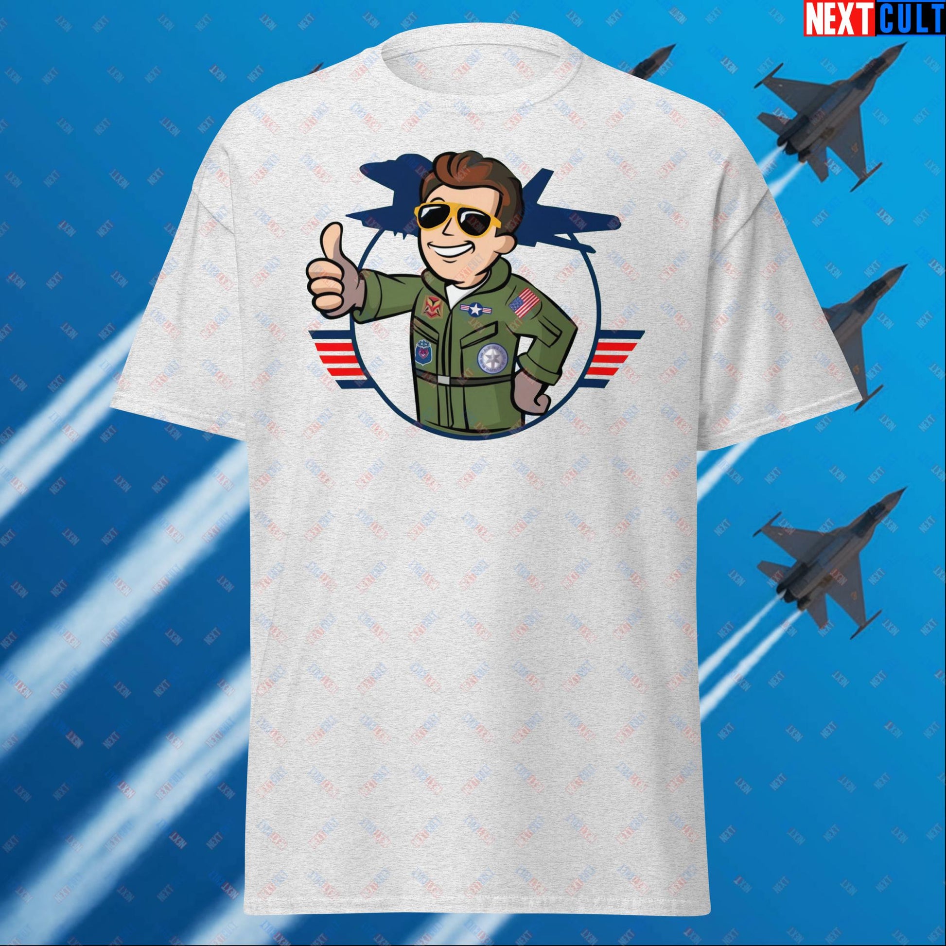 Maverick Boy Top Gun Vault Boy Fallout Funny Meme Cartoon Mashup Unisex tee Ash T-shirts Fallout Movies Tom Cruise Top Gun Vault Boy Next Cult Brand