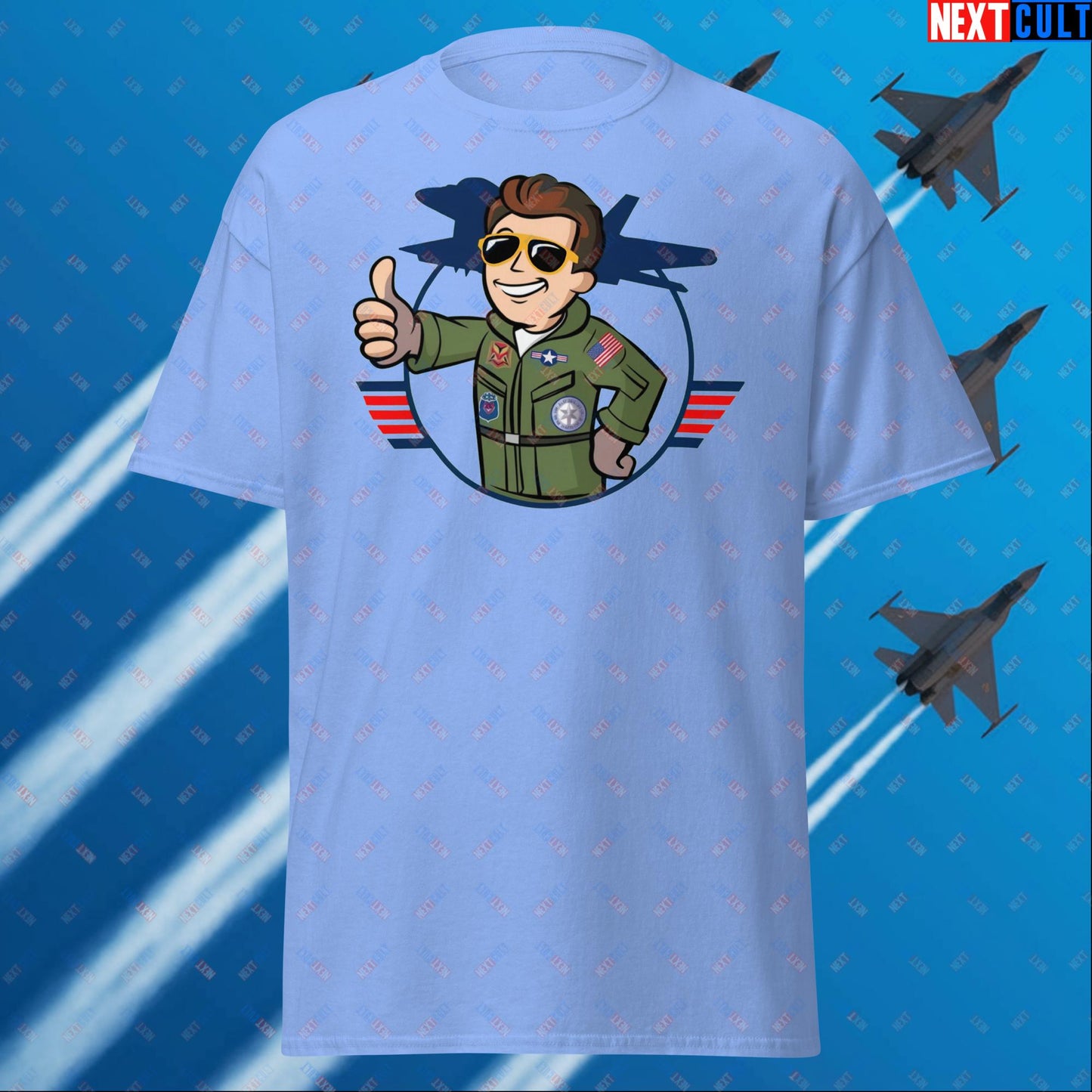 Maverick Boy Top Gun Vault Boy Fallout Funny Meme Cartoon Mashup Unisex tee Carolina Blue T-shirts Fallout Movies Tom Cruise Top Gun Vault Boy Next Cult Brand