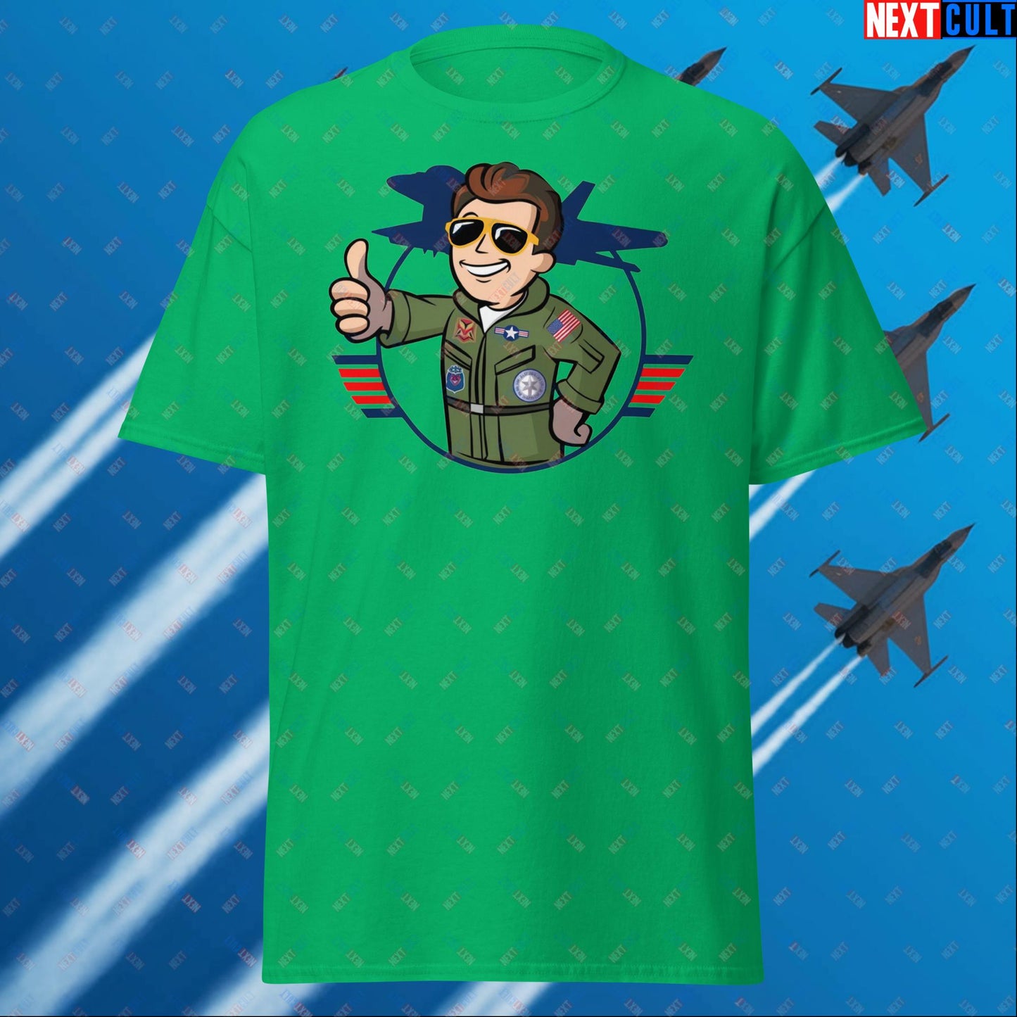 Maverick Boy Top Gun Vault Boy Fallout Funny Meme Cartoon Mashup Unisex tee Irish Green T-shirts Fallout Movies Tom Cruise Top Gun Vault Boy Next Cult Brand