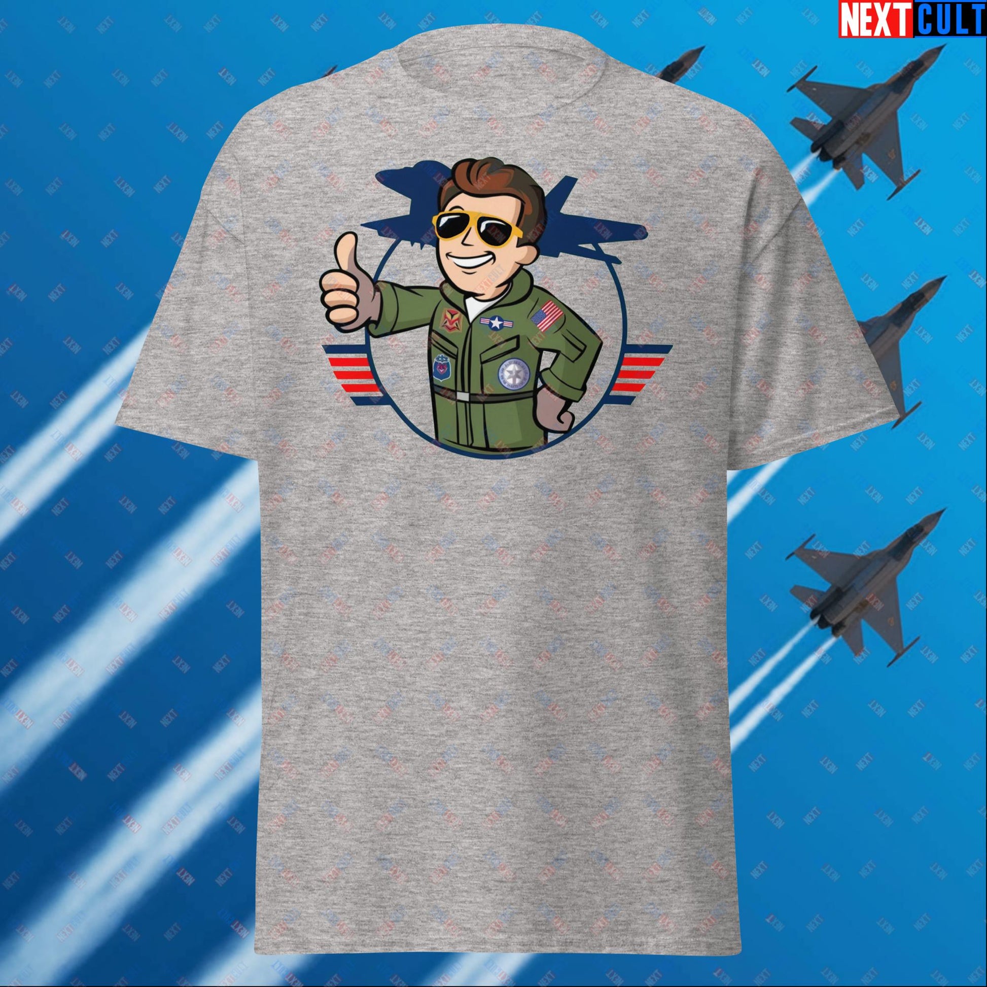 Maverick Boy Top Gun Vault Boy Fallout Funny Meme Cartoon Mashup Unisex tee Sport Grey T-shirts Fallout Movies Tom Cruise Top Gun Vault Boy Next Cult Brand