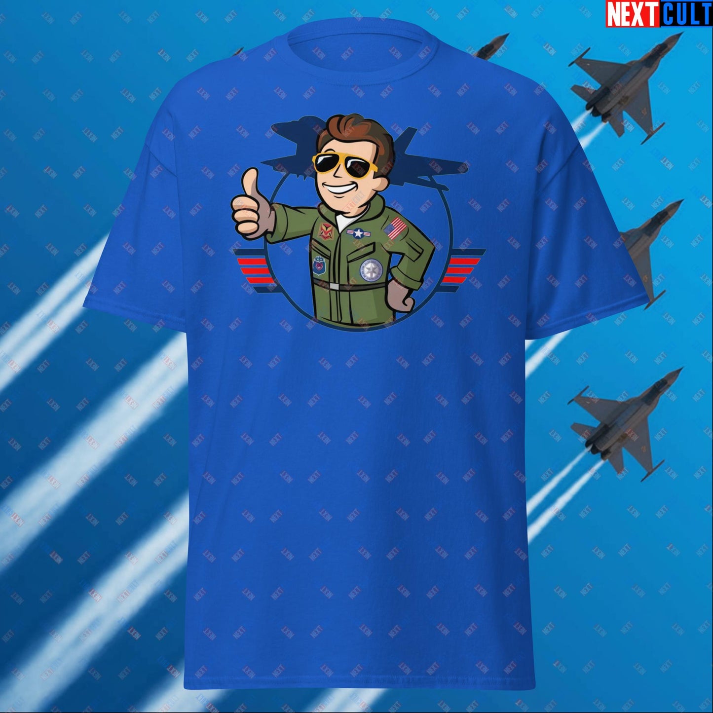 Maverick Boy Top Gun Vault Boy Fallout Funny Meme Cartoon Mashup Unisex tee Royal T-shirts Fallout Movies Tom Cruise Top Gun Vault Boy Next Cult Brand