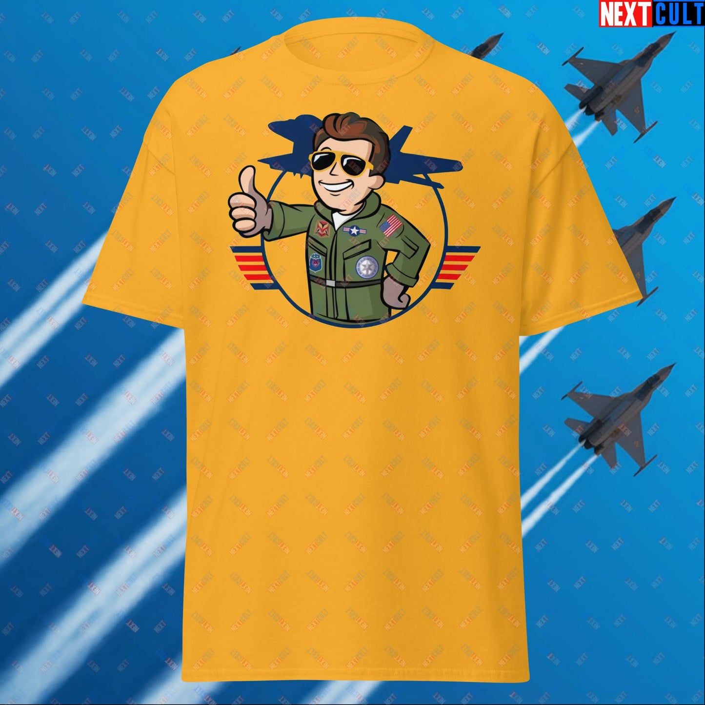 Maverick Boy Top Gun Vault Boy Fallout Funny Meme Cartoon Mashup Unisex tee Gold T-shirts Fallout Movies Tom Cruise Top Gun Vault Boy Next Cult Brand