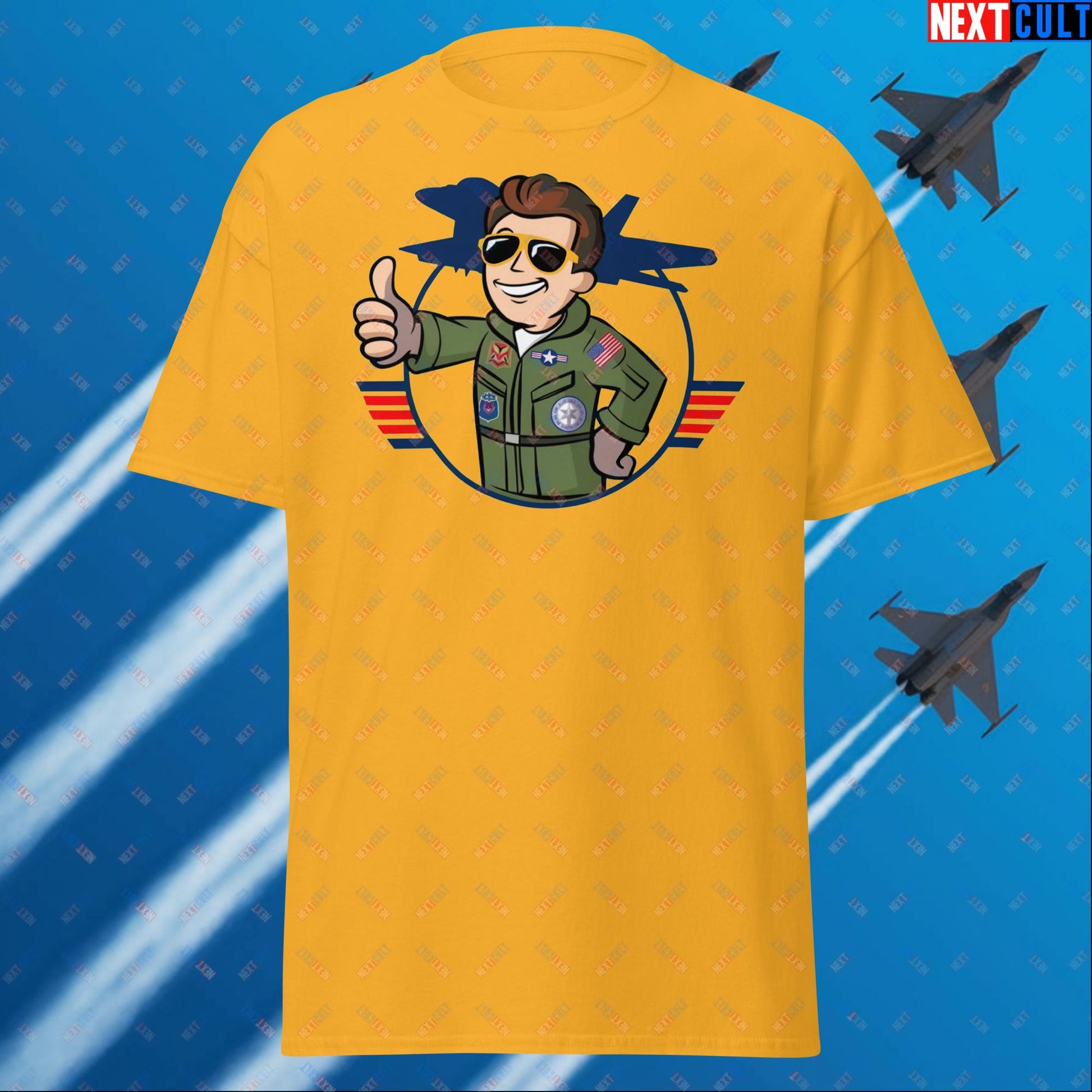 Maverick Boy Top Gun Vault Boy Fallout Funny Meme Cartoon Mashup Unisex tee Gold T-shirts Fallout Movies Tom Cruise Top Gun Vault Boy Next Cult Brand