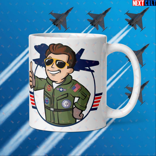 Maverick Boy Top Gun Vault Boy Fallout Funny Meme Cartoon Mashup White glossy mug Next Cult Brand