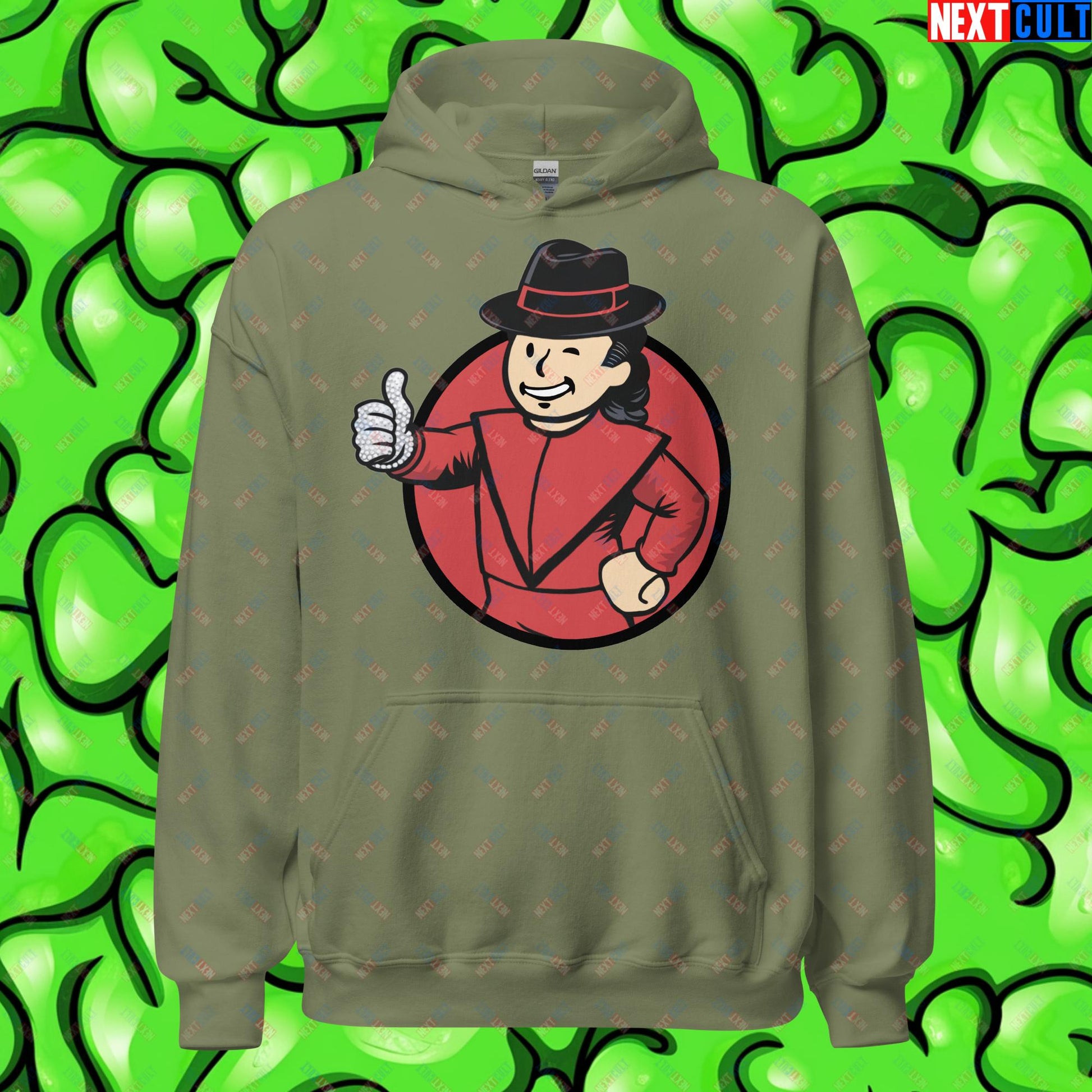 Moonwalk Boy Michael Jackson Vault Boy Fallout Funny Meme Cartoon Mashup Unisex Hoodie Military Green Hoodies Fallout Michael Jackson Music Vault Boy Next Cult Brand