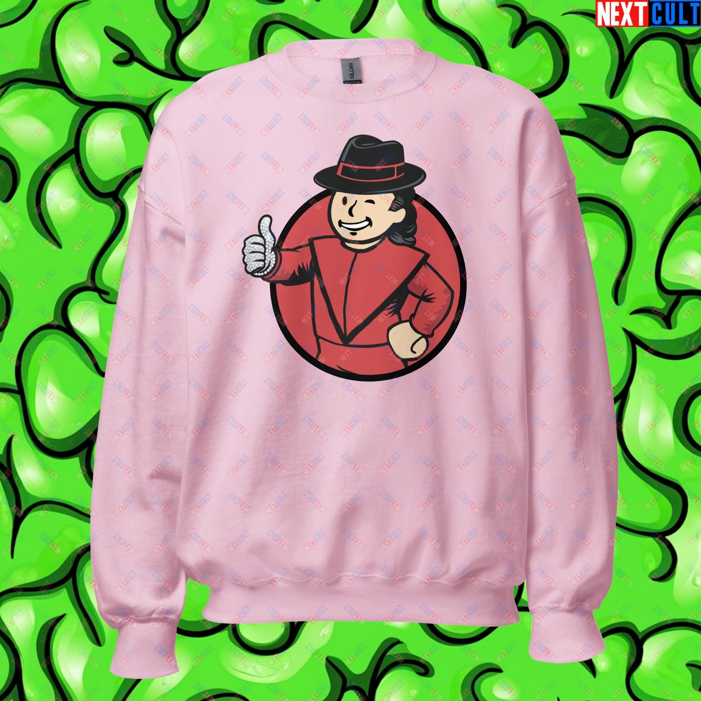 Moonwalk Boy Michael Jackson Vault Boy Fallout Funny Meme Cartoon Mashup Unisex Sweatshirt Light Pink Sweatshirts Fallout Michael Jackson Music Vault Boy Next Cult Brand