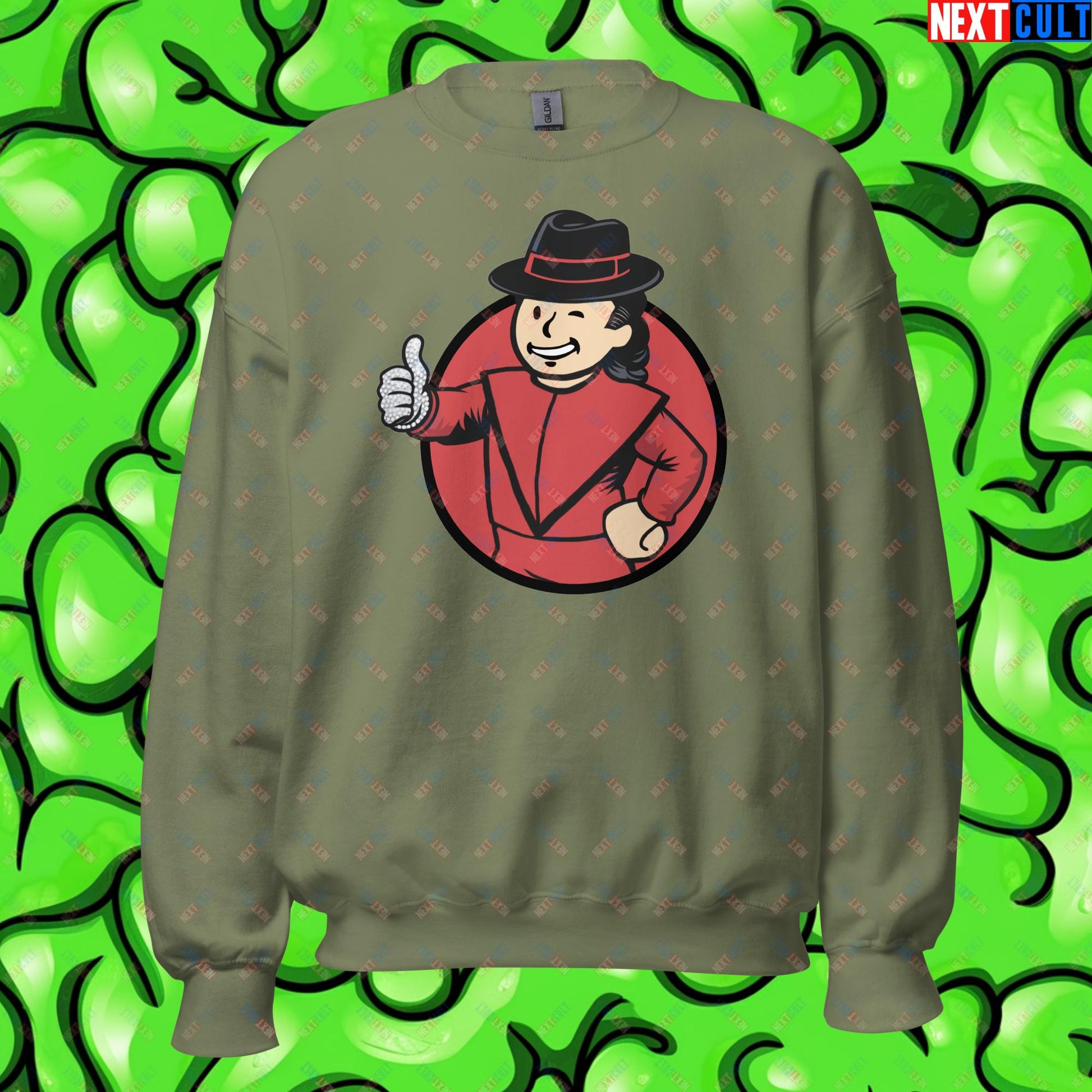 Moonwalk Boy Michael Jackson Vault Boy Fallout Funny Meme Cartoon Mashup Unisex Sweatshirt Military Green Sweatshirts Fallout Michael Jackson Music Vault Boy Next Cult Brand