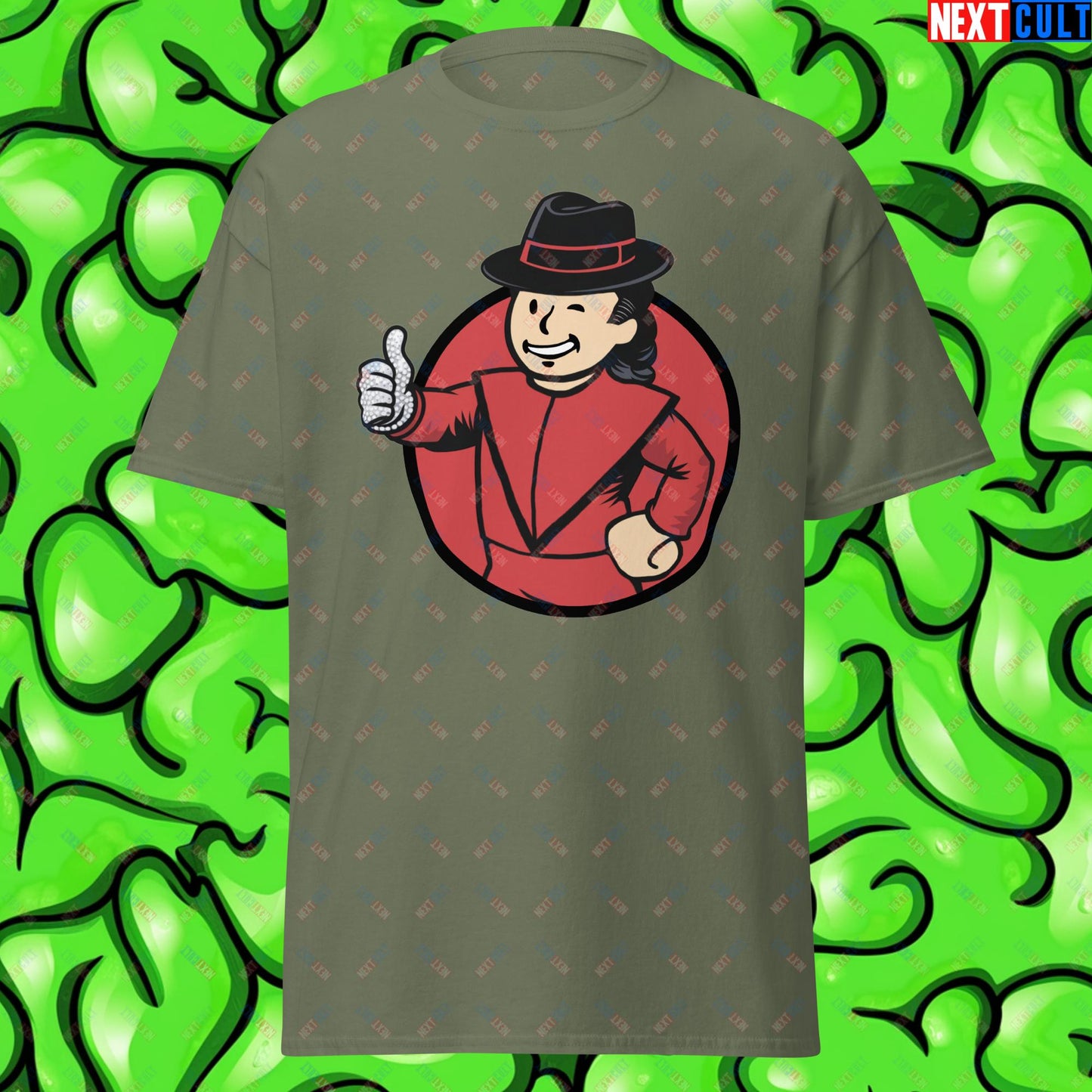 Moonwalk Boy Michael Jackson Vault Boy Fallout Funny Meme Cartoon Mashup Unisex tee Military Green T-shirts Fallout Michael Jackson Music Vault Boy Next Cult Brand