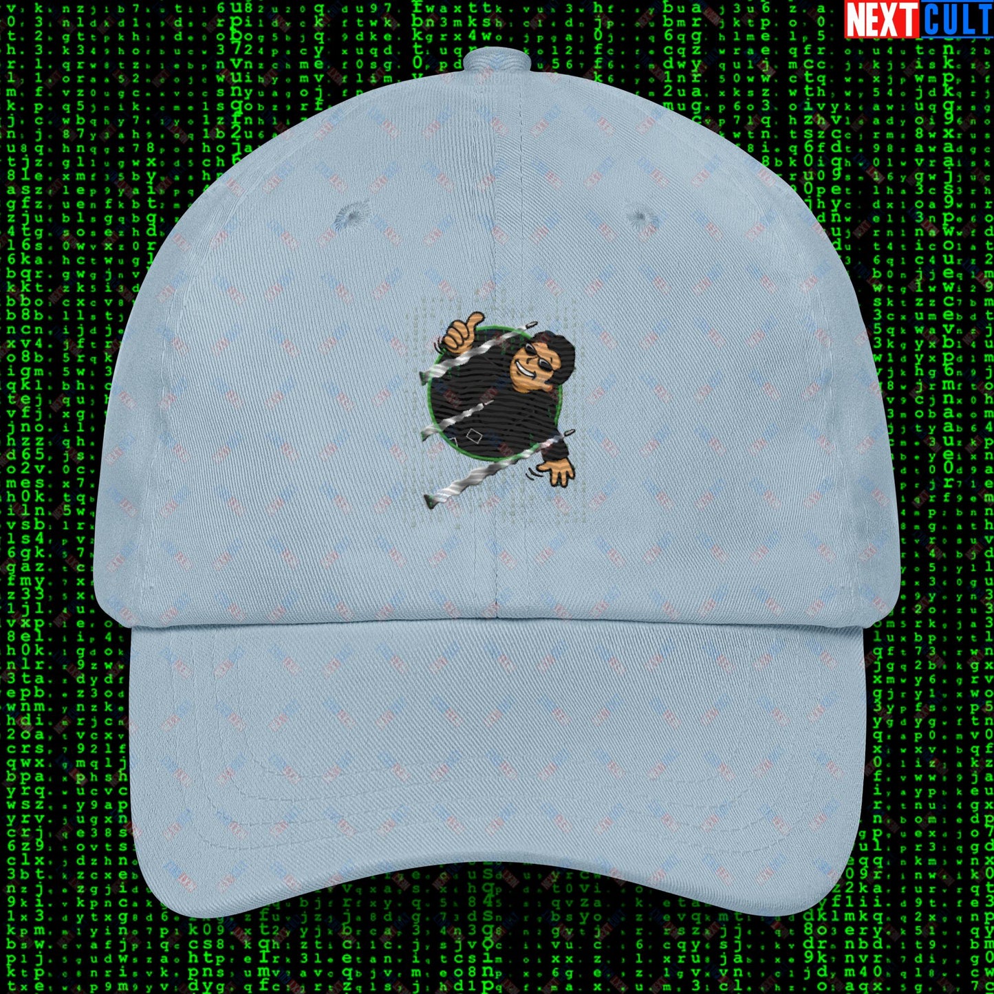 Neo Matrix Vault Boy Fallout Funny Meme Cartoon Mashup Dad hat Light Blue Hats Fallout Keanu Reeves Matrix Movies Vault Boy Next Cult Brand